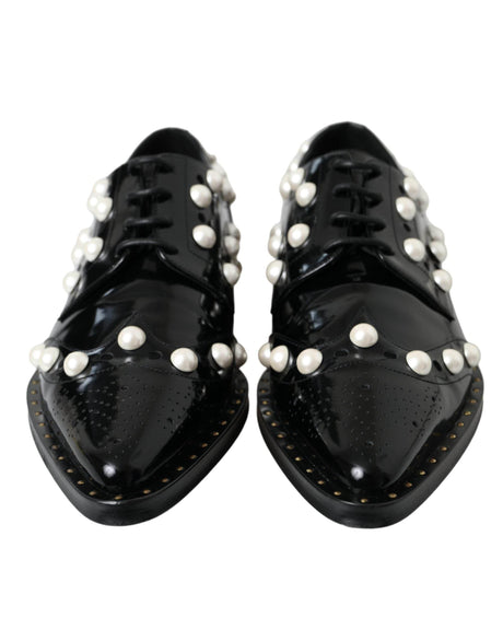 Dolce & Gabbana Black Leather Faux Pearl Dress Broque Shoes - Hilstor