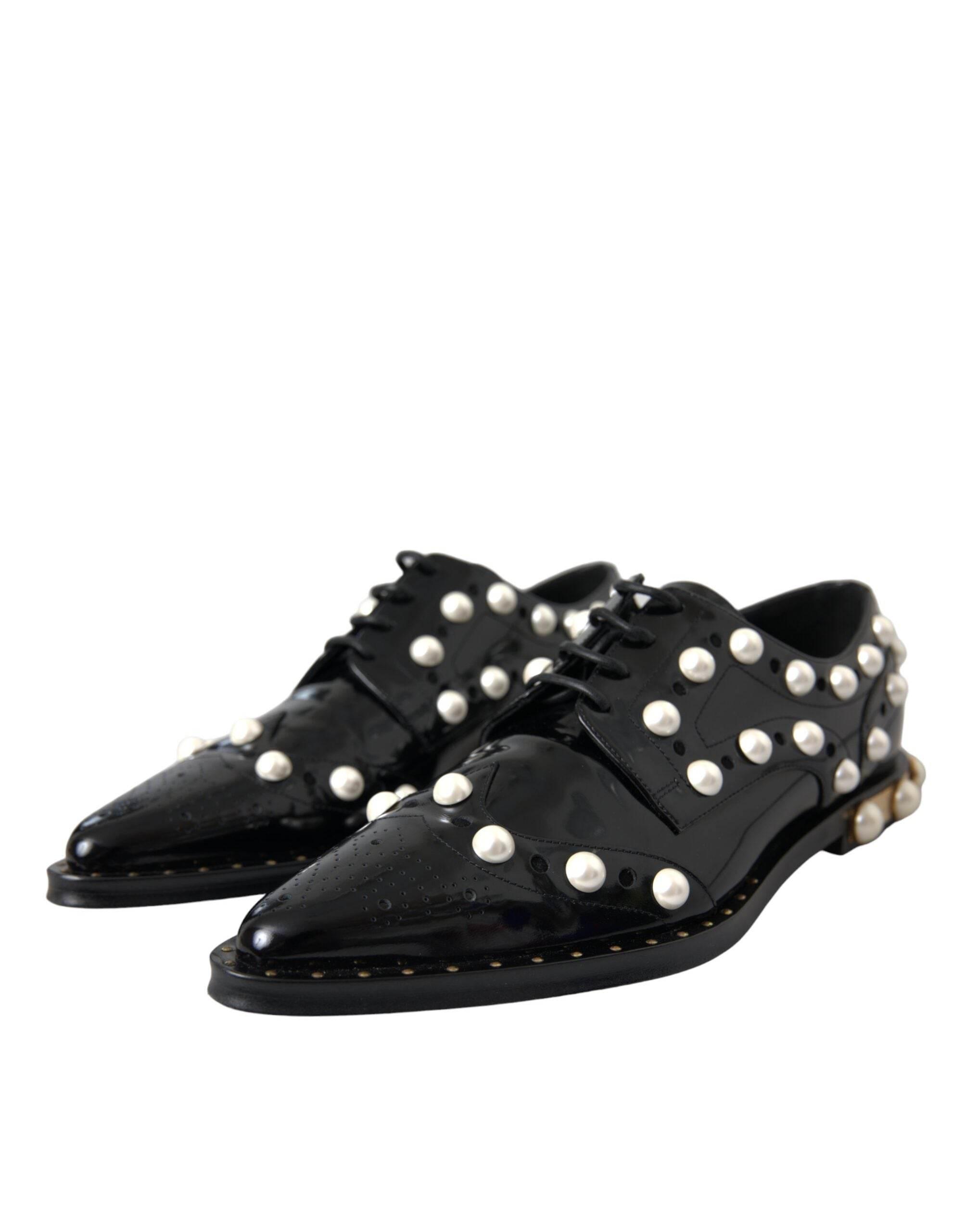 Dolce & Gabbana Black Leather Faux Pearl Dress Broque Shoes - Hilstor
