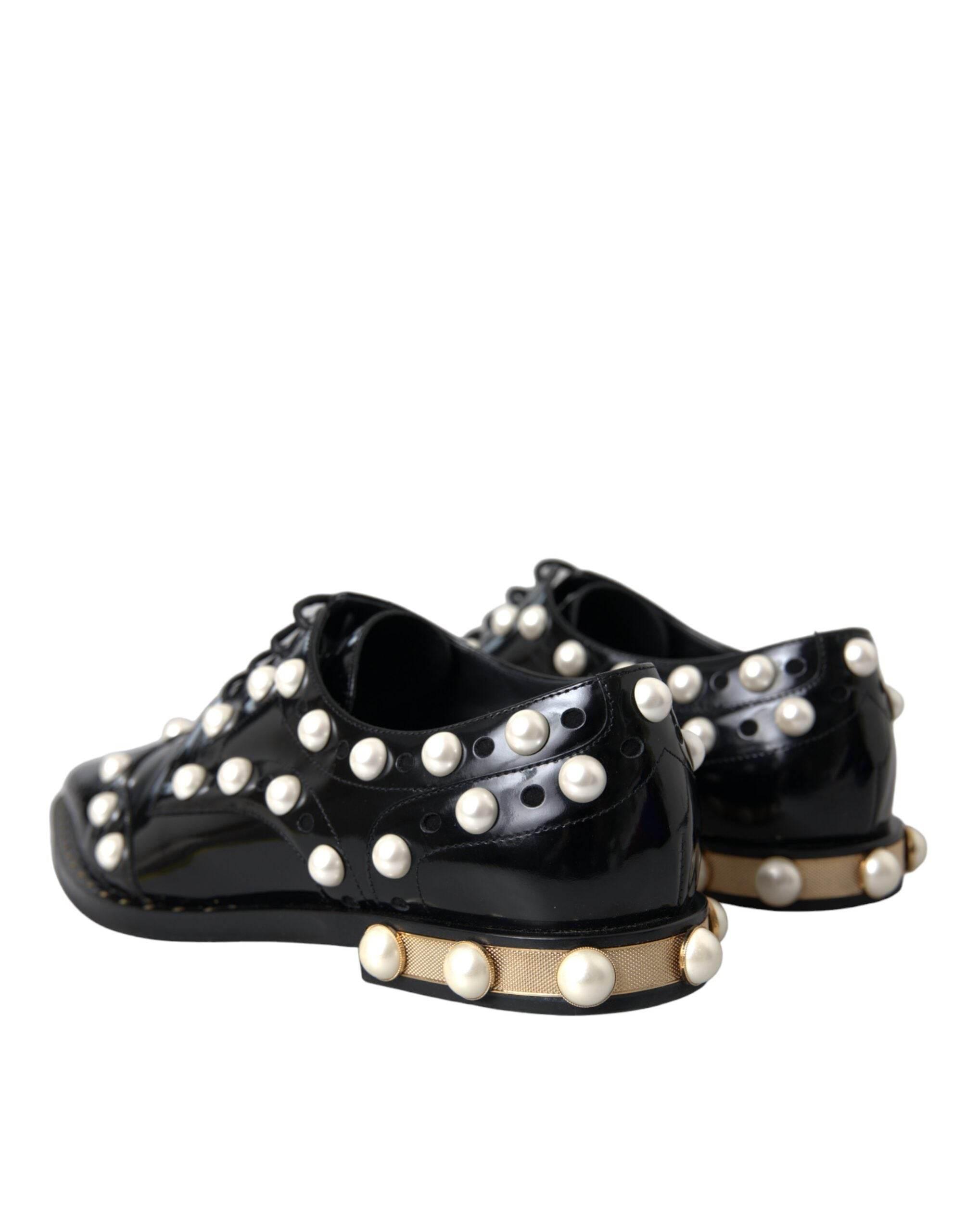 Dolce & Gabbana Black Leather Faux Pearl Dress Broque Shoes - Hilstor