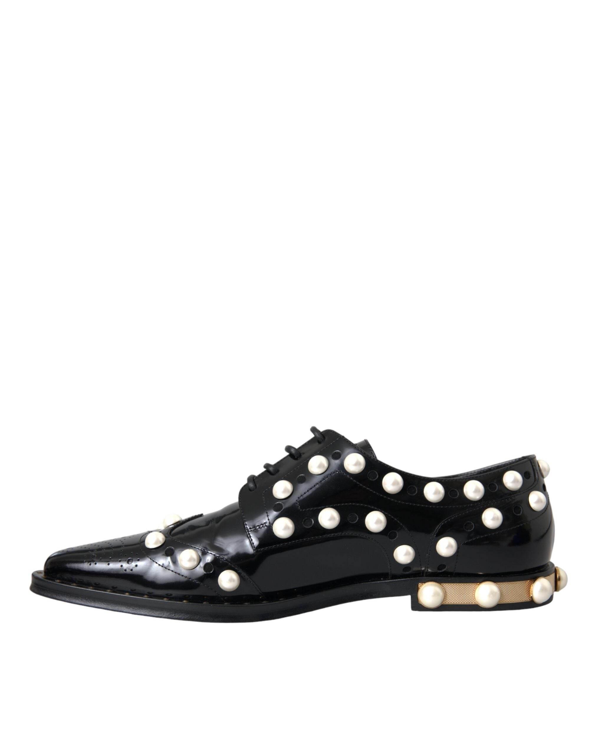 Dolce & Gabbana Black Leather Faux Pearl Dress Broque Shoes - Hilstor