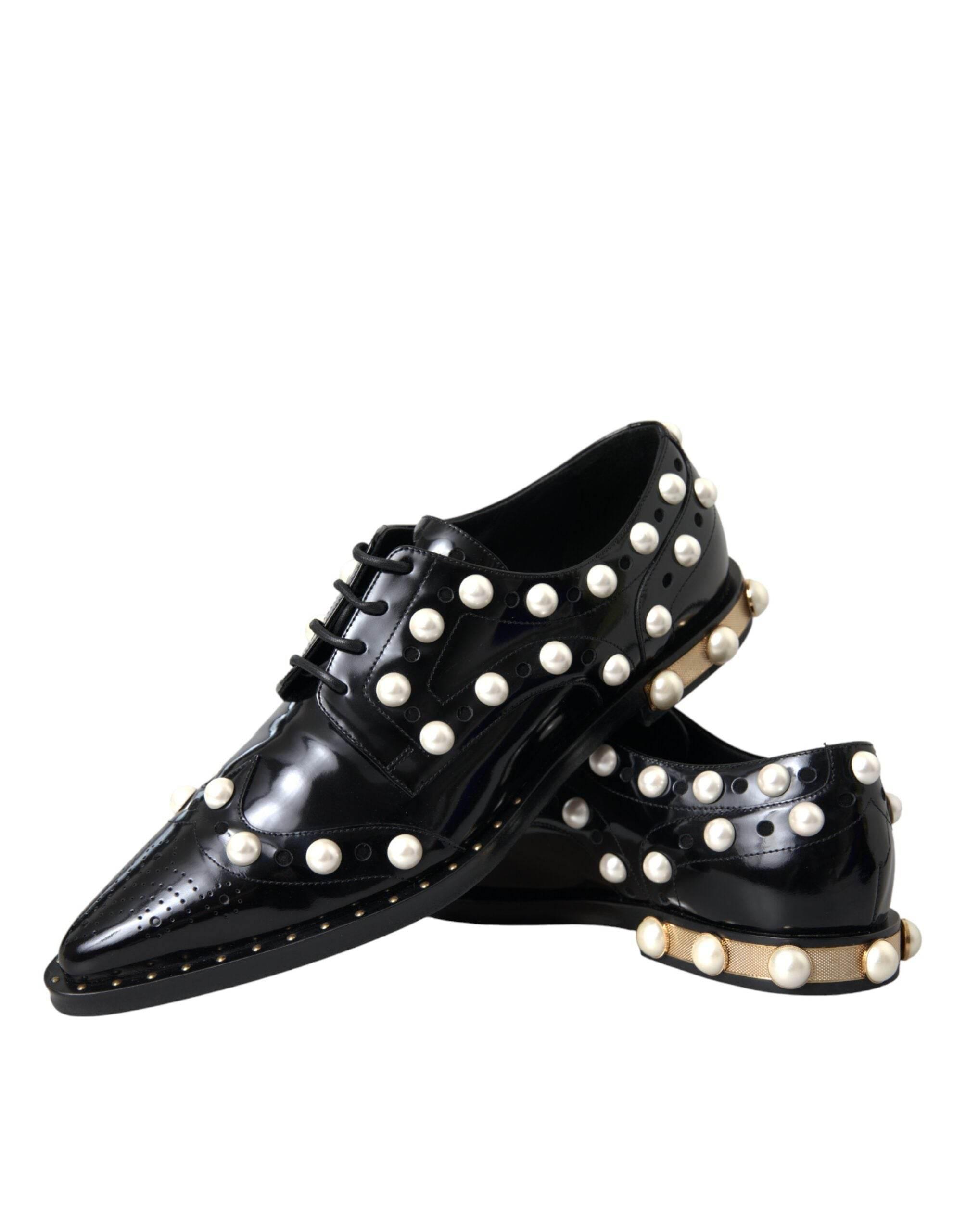 Dolce & Gabbana Black Leather Faux Pearl Dress Broque Shoes - Hilstor
