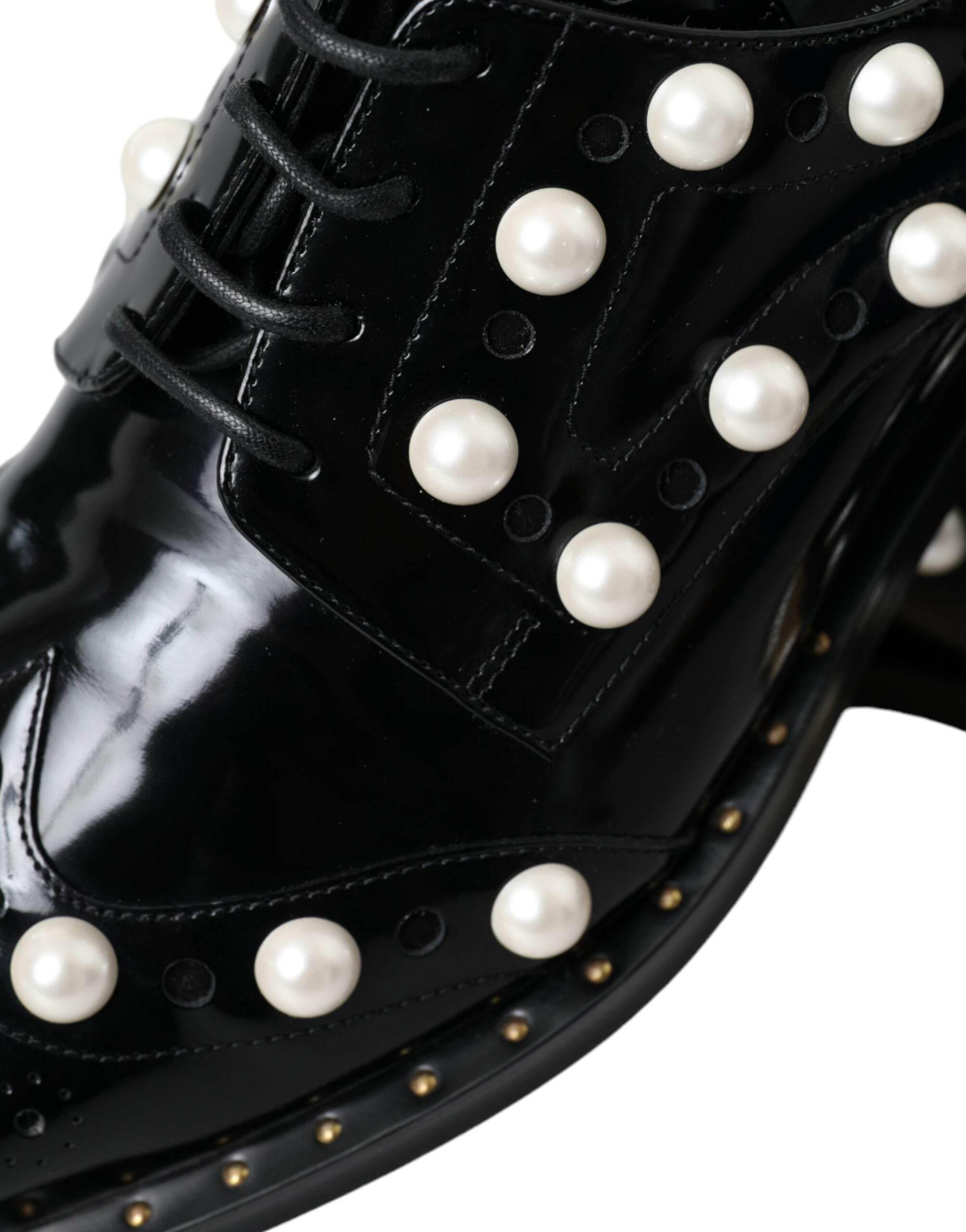 Dolce & Gabbana Black Leather Faux Pearl Dress Broque Shoes - Hilstor