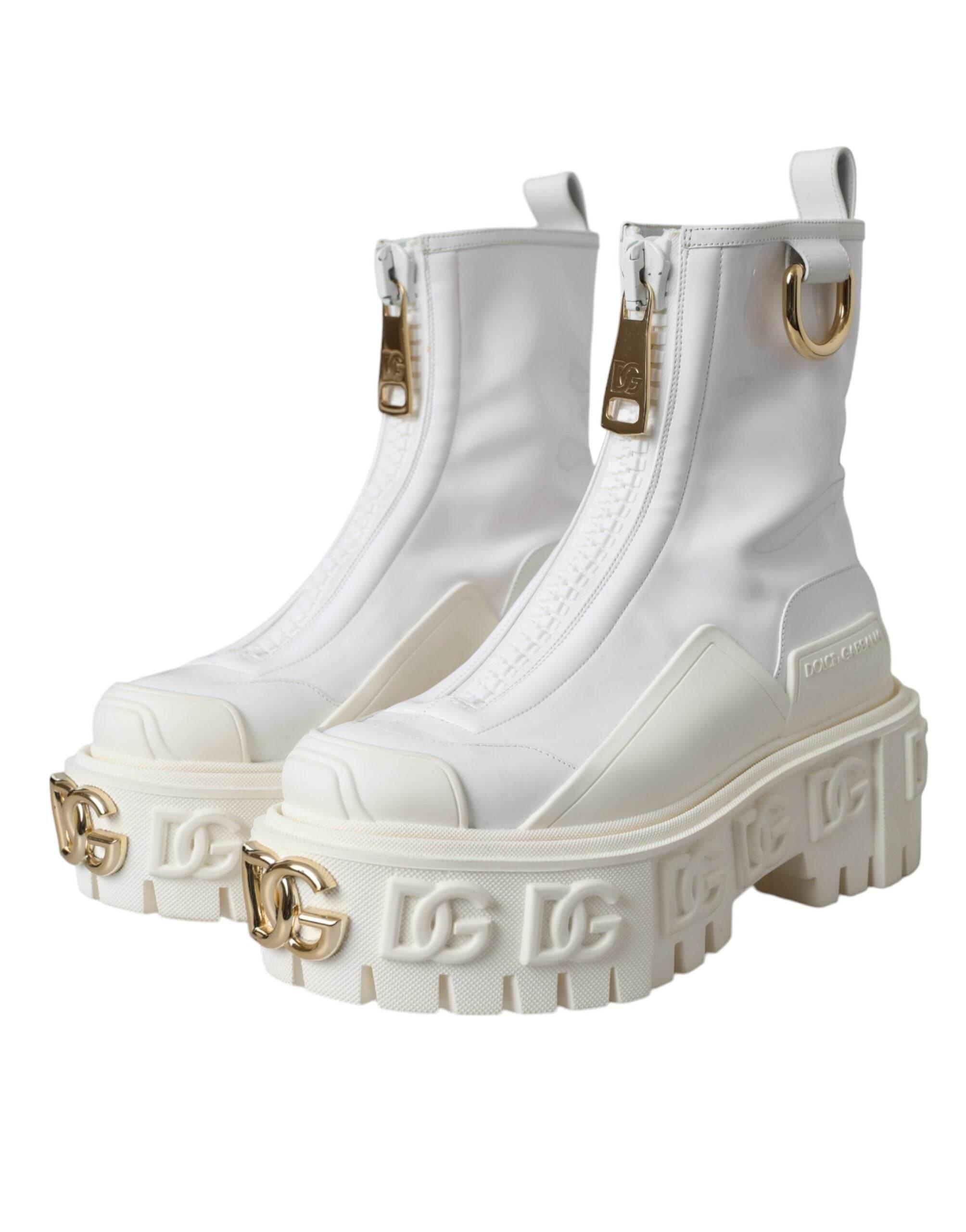 Dolce & Gabbana White Leather Rubber Logo Ankle Boots Shoes - Hilstor