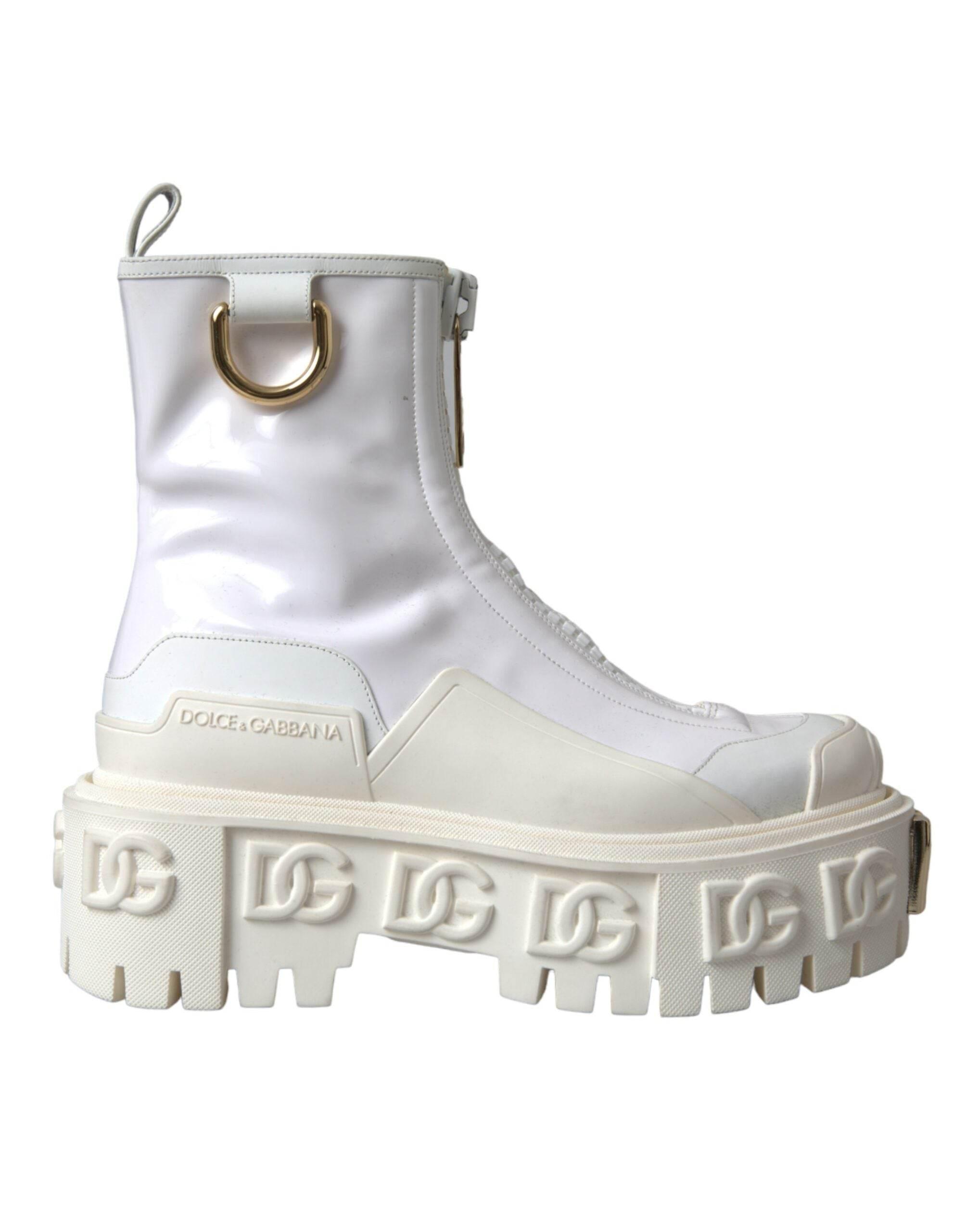 Dolce & Gabbana White Leather Rubber Logo Ankle Boots Shoes - Hilstor