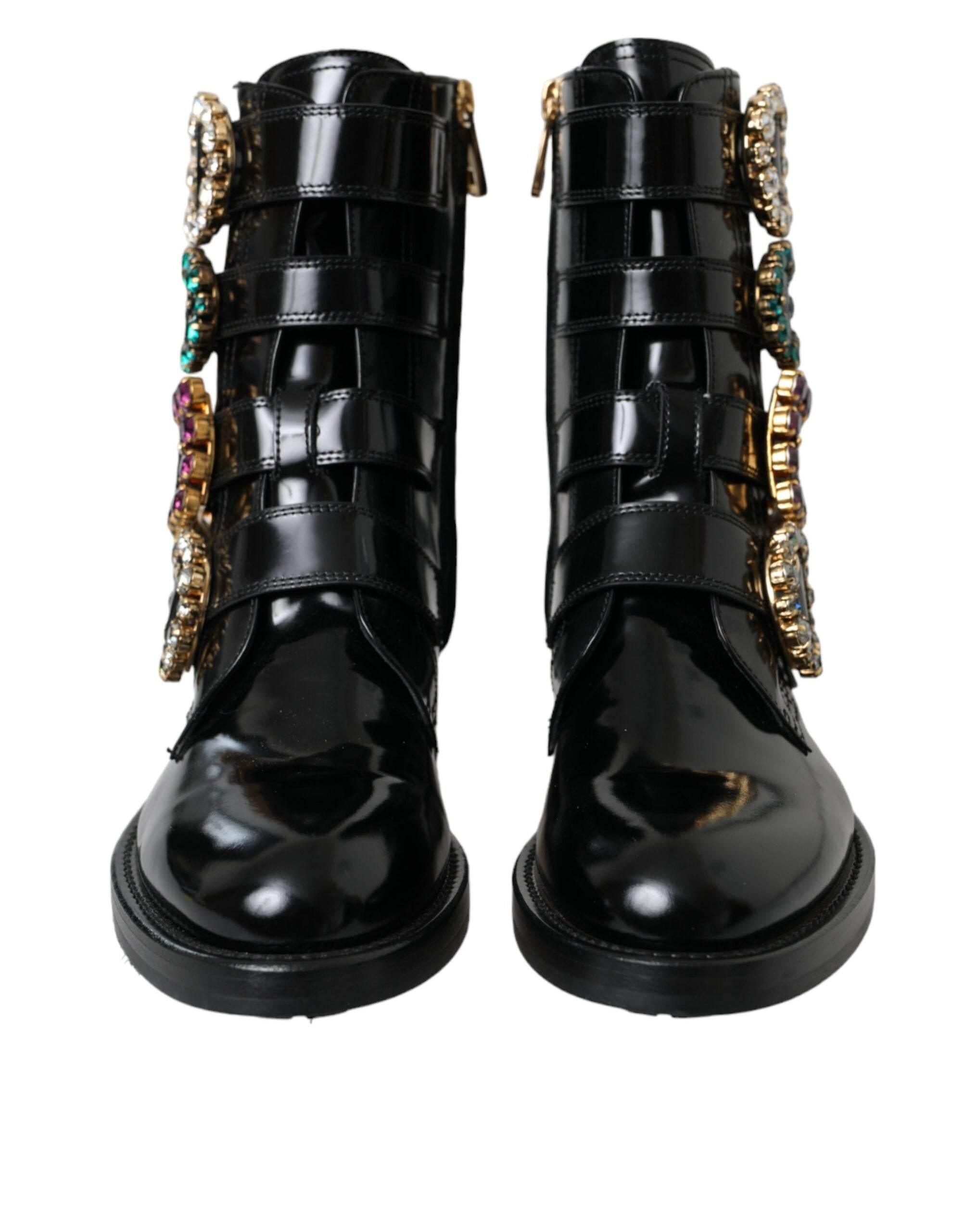 Dolce & Gabbana Black Leather Crystal Buckles Boots Shoes - Hilstor