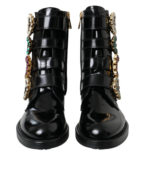 Dolce & Gabbana Black Leather Crystal Buckles Boots Shoes - Hilstor