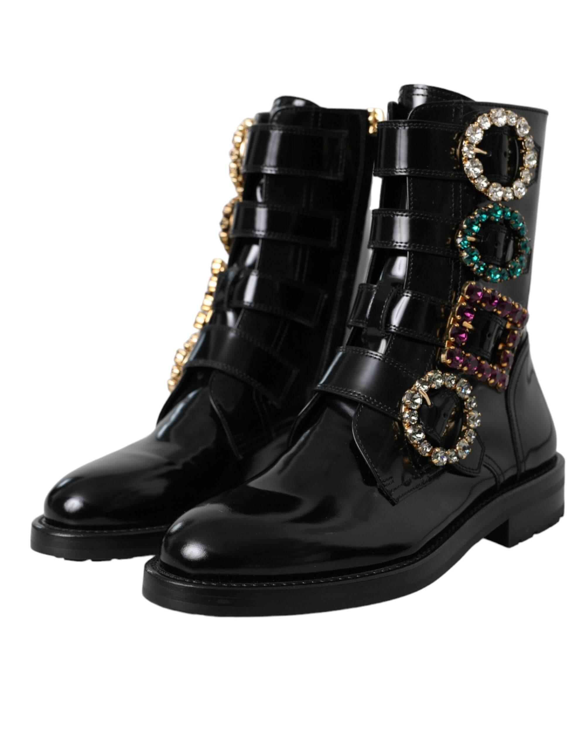 Dolce & Gabbana Black Leather Crystal Buckles Boots Shoes - Hilstor