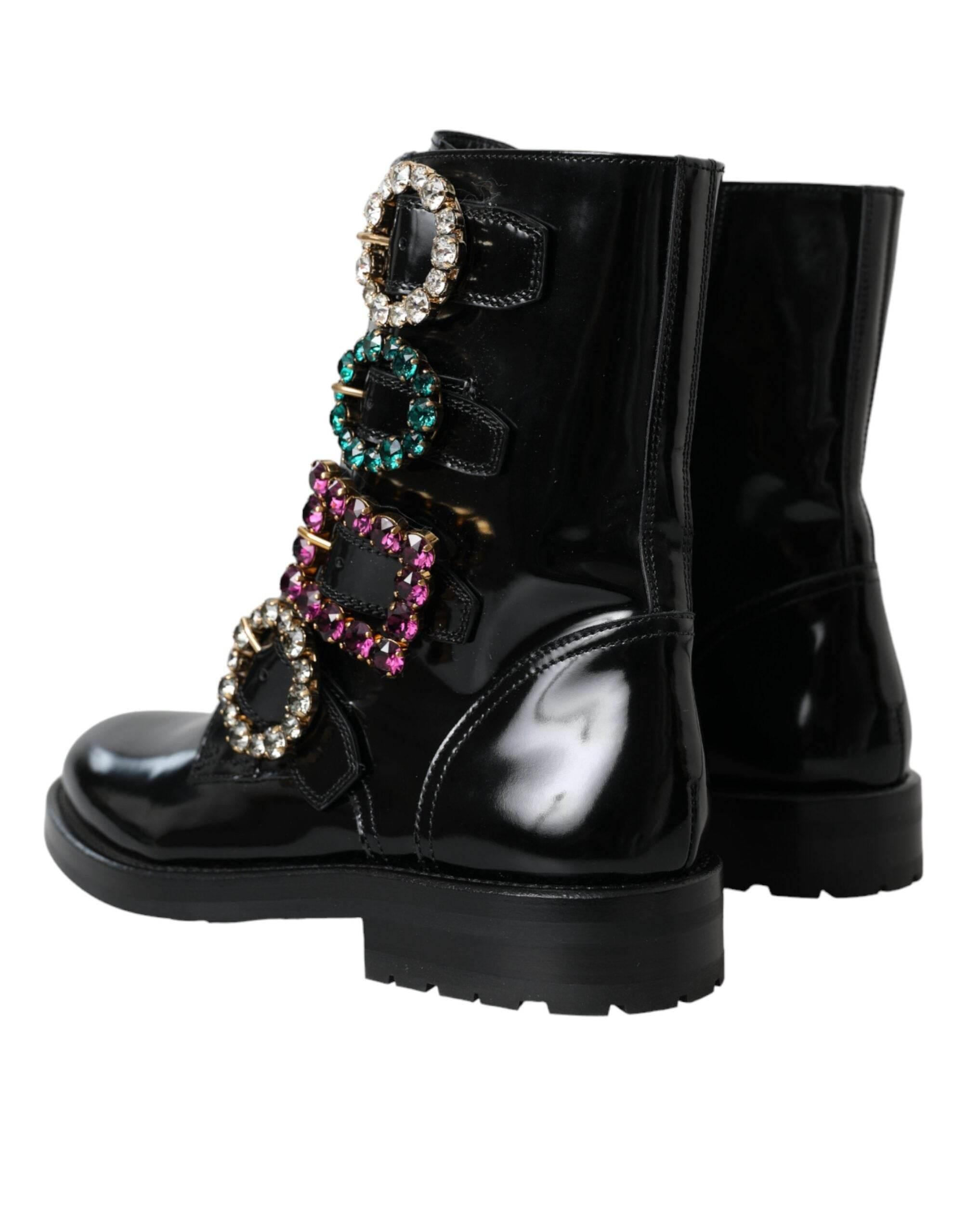 Dolce & Gabbana Black Leather Crystal Buckles Boots Shoes - Hilstor