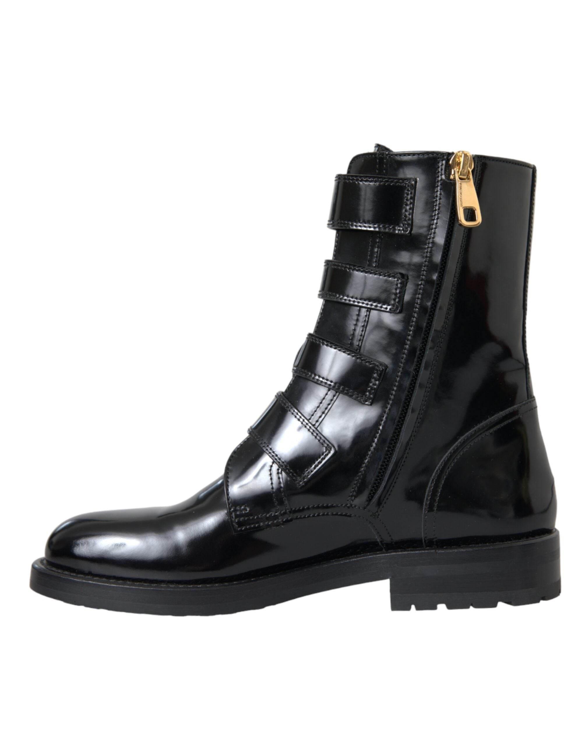 Dolce & Gabbana Black Leather Crystal Buckles Boots Shoes - Hilstor