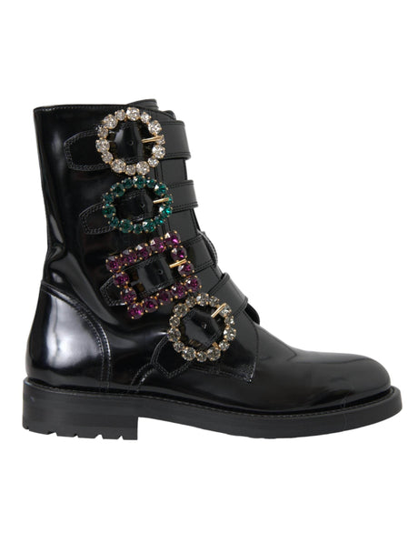 Dolce & Gabbana Black Leather Crystal Buckles Boots Shoes - Hilstor