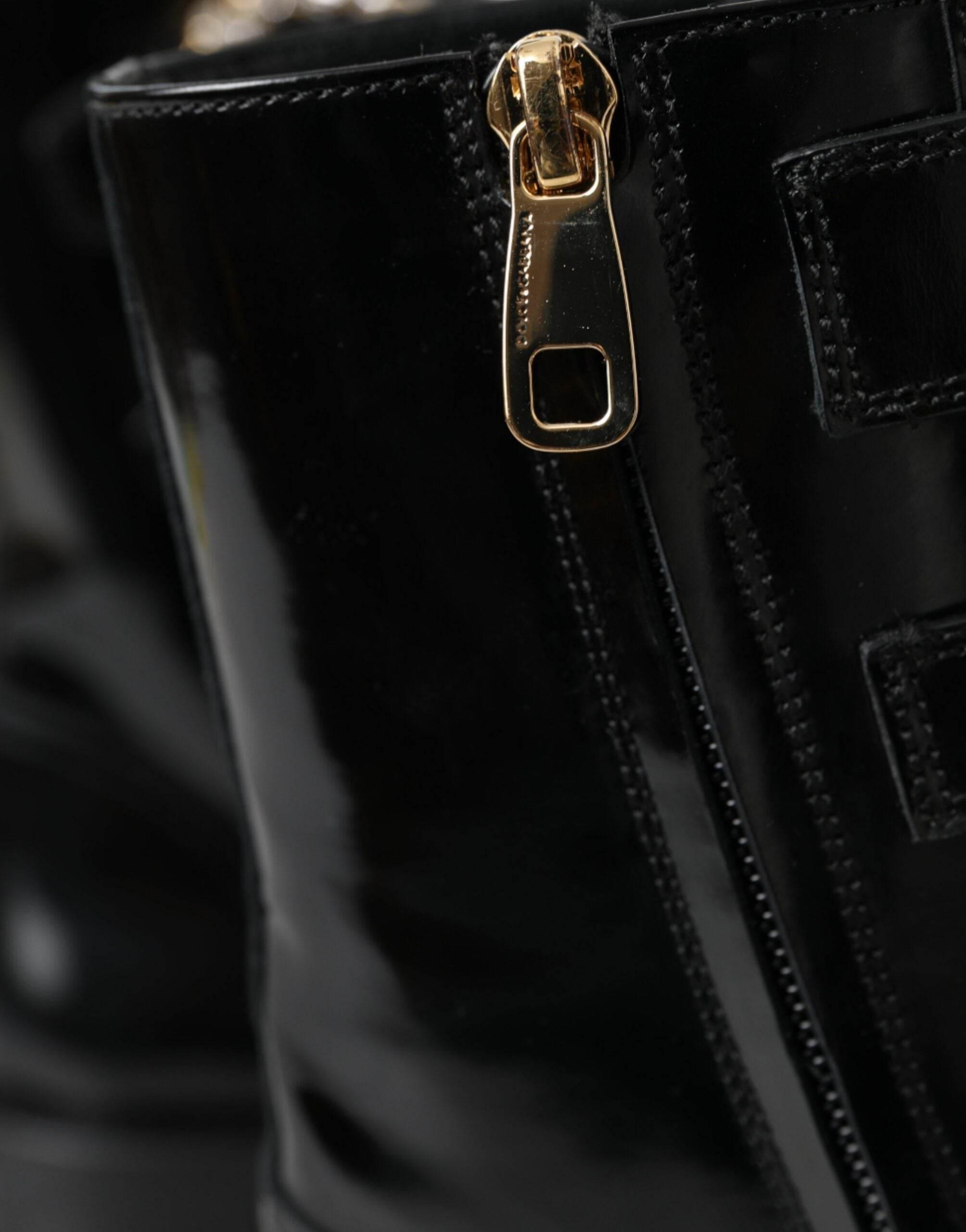 Dolce & Gabbana Black Leather Crystal Buckles Boots Shoes - Hilstor