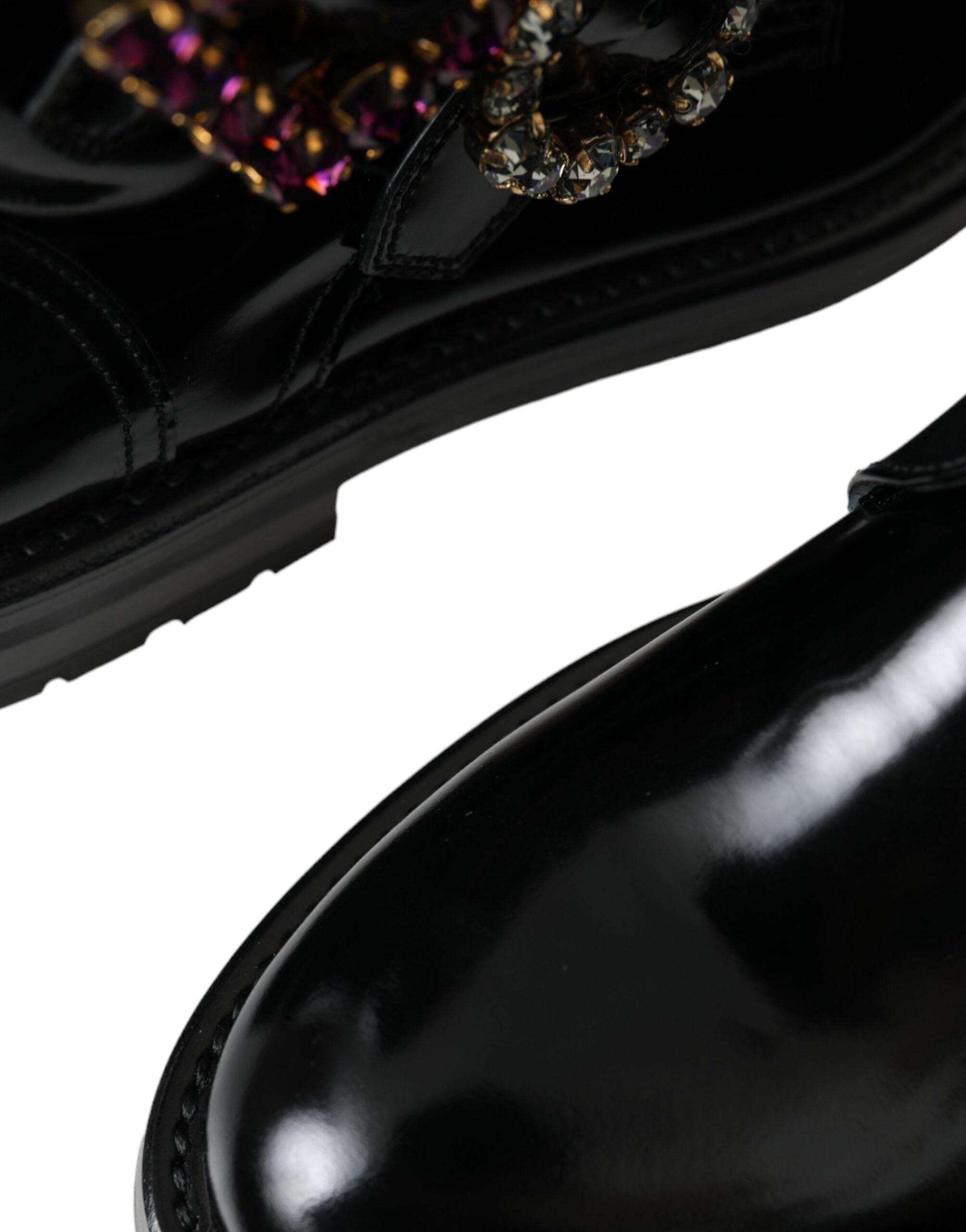 Dolce & Gabbana Black Leather Crystal Buckles Boots Shoes - Hilstor