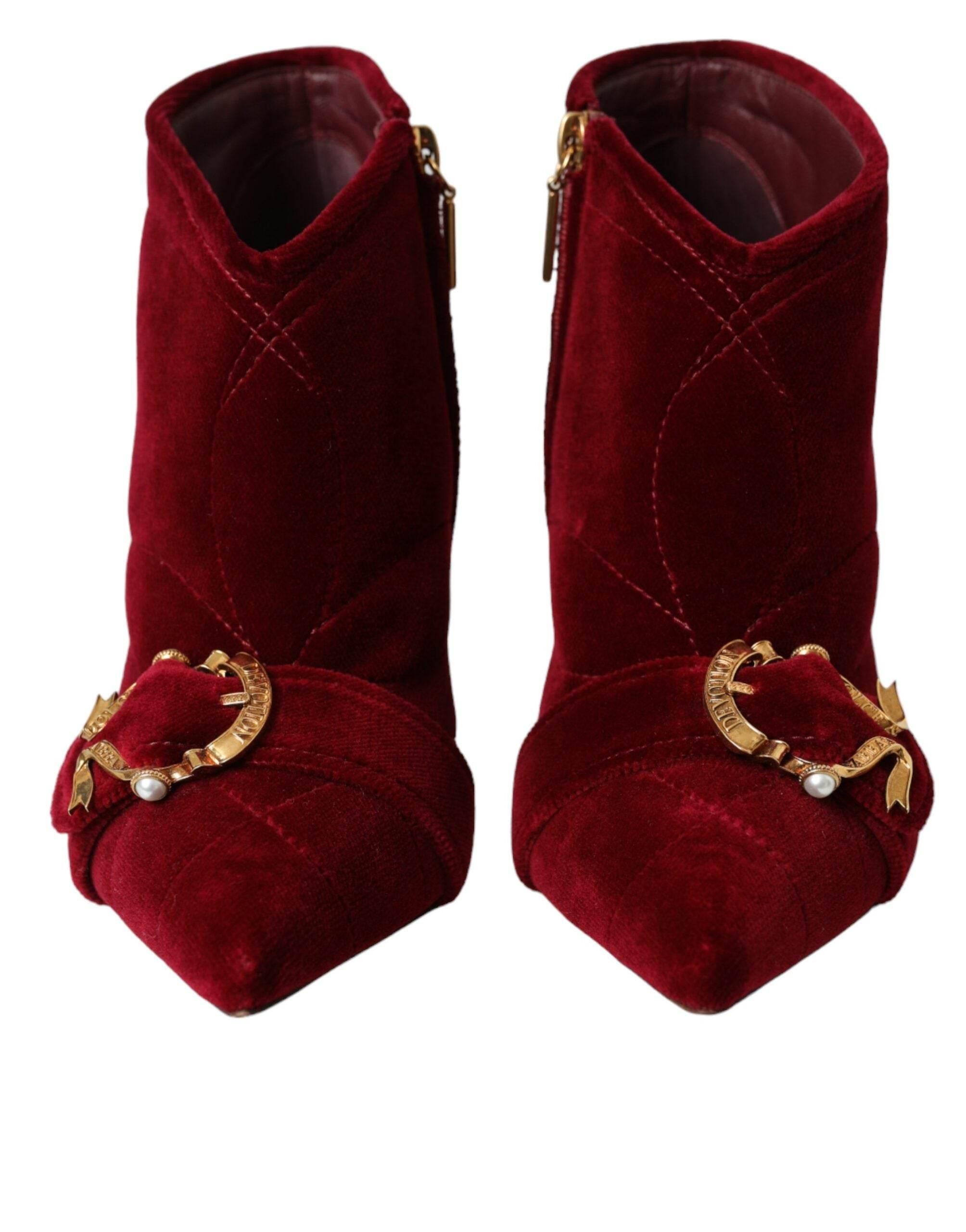 Dolce & Gabbana Dark Red Velvet Devotion Buckle Boots Shoes - Hilstor
