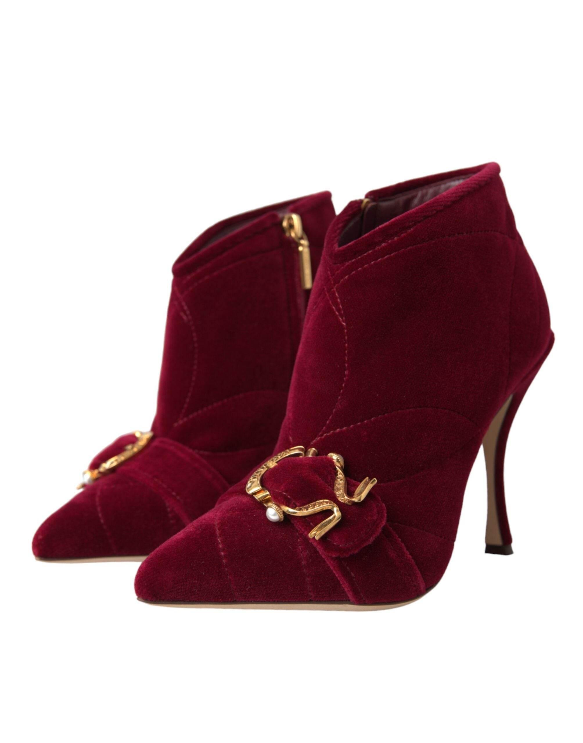 Dolce & Gabbana Dark Red Velvet Devotion Buckle Boots Shoes - Hilstor