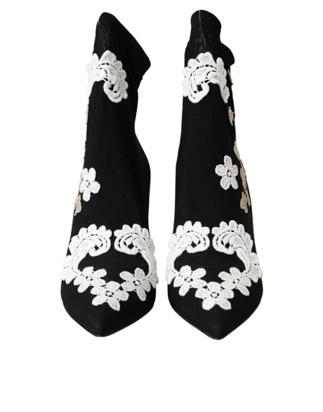Dolce & Gabbana Black White Embroidery Slip On Boots Shoes - Hilstor