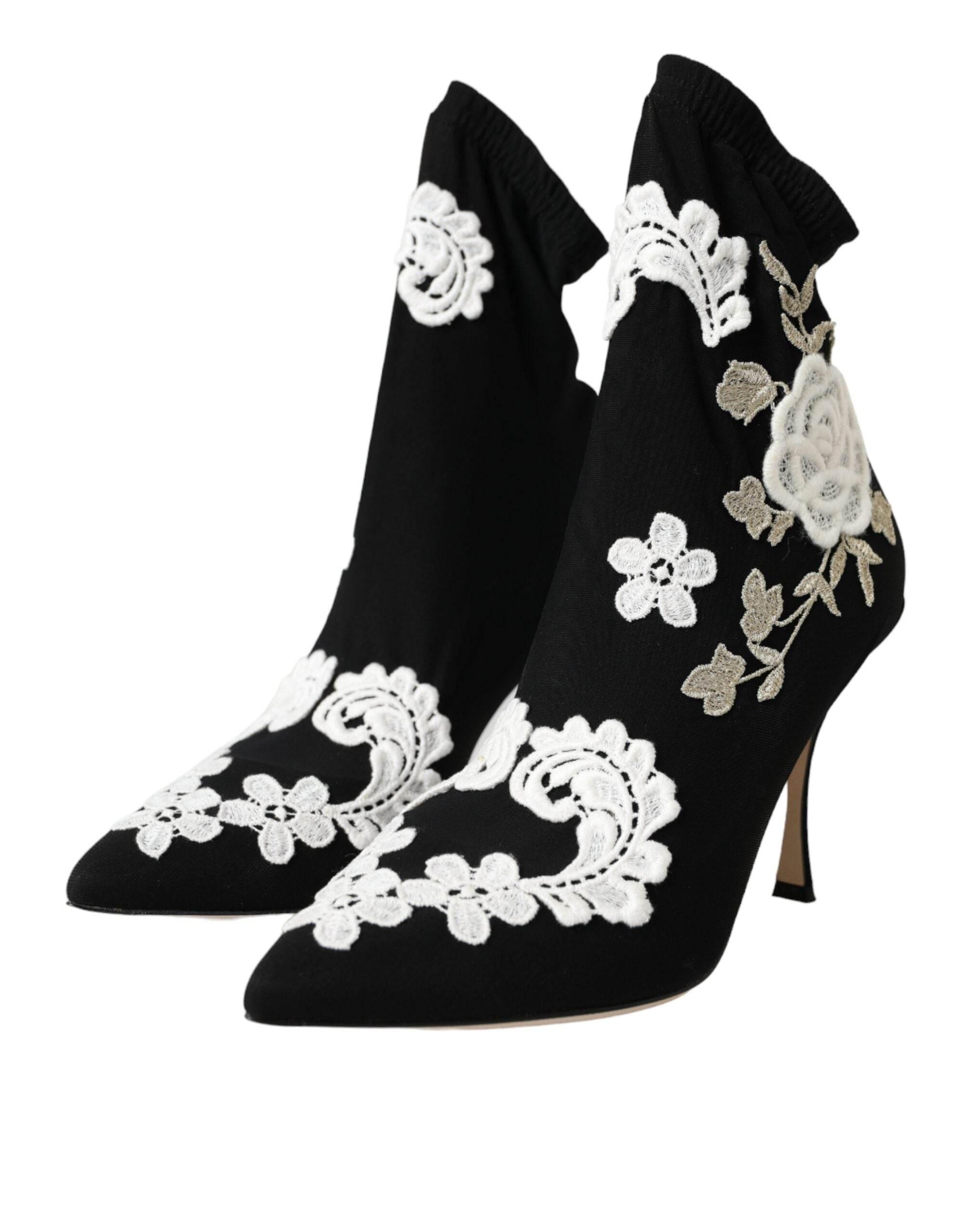 Dolce & Gabbana Black White Embroidery Slip On Boots Shoes - Hilstor