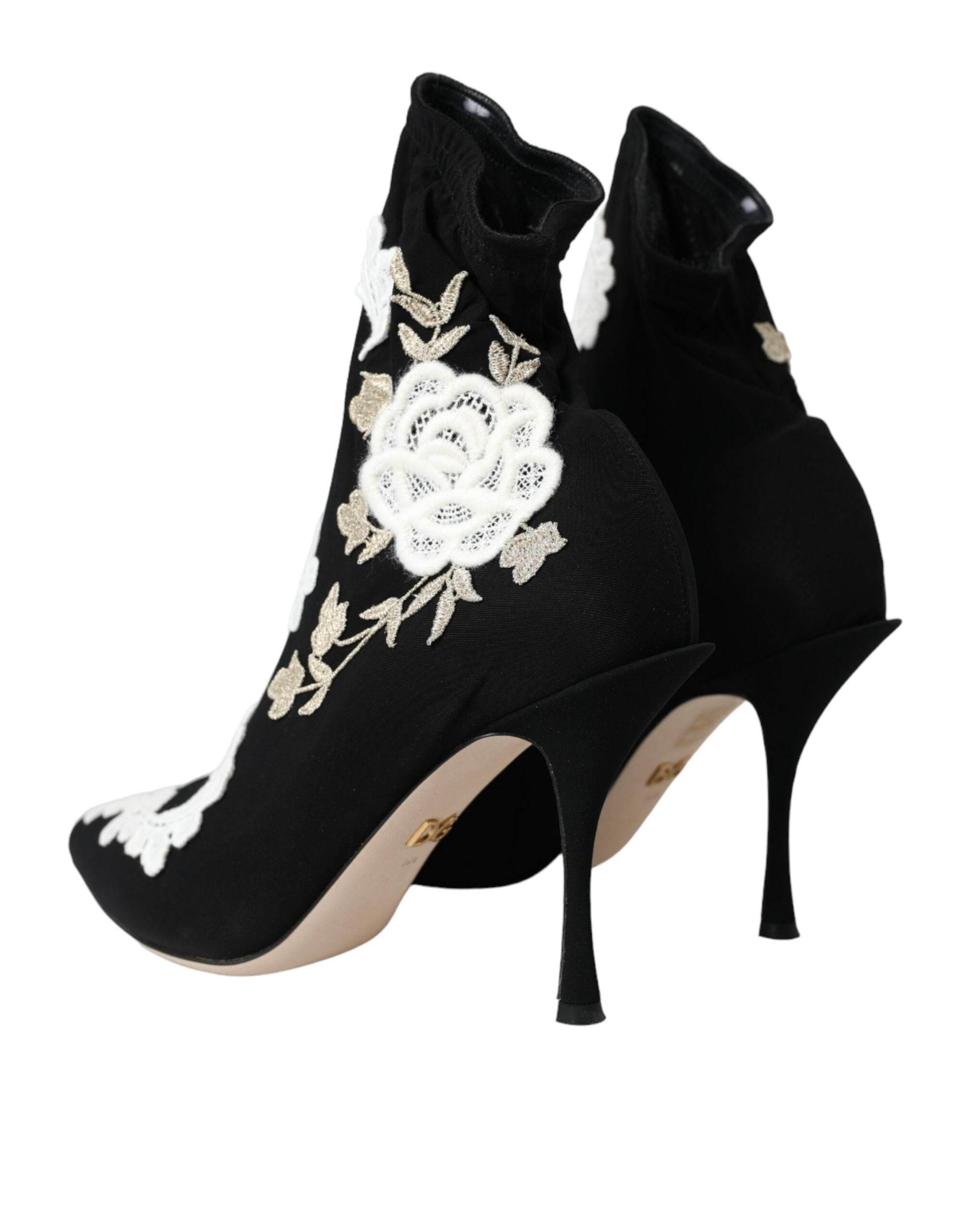 Dolce & Gabbana Black White Embroidery Slip On Boots Shoes - Hilstor