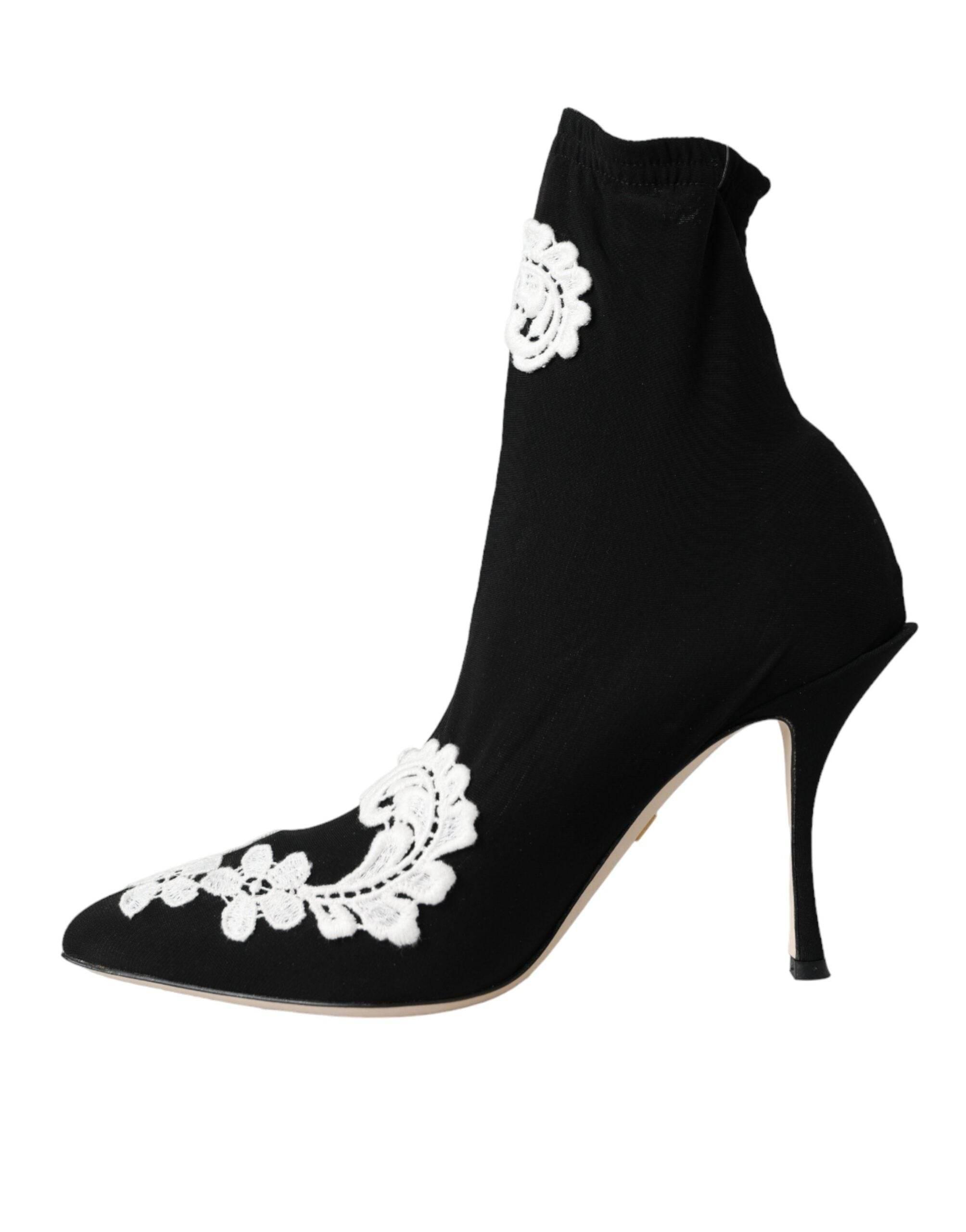Dolce & Gabbana Black White Embroidery Slip On Boots Shoes - Hilstor
