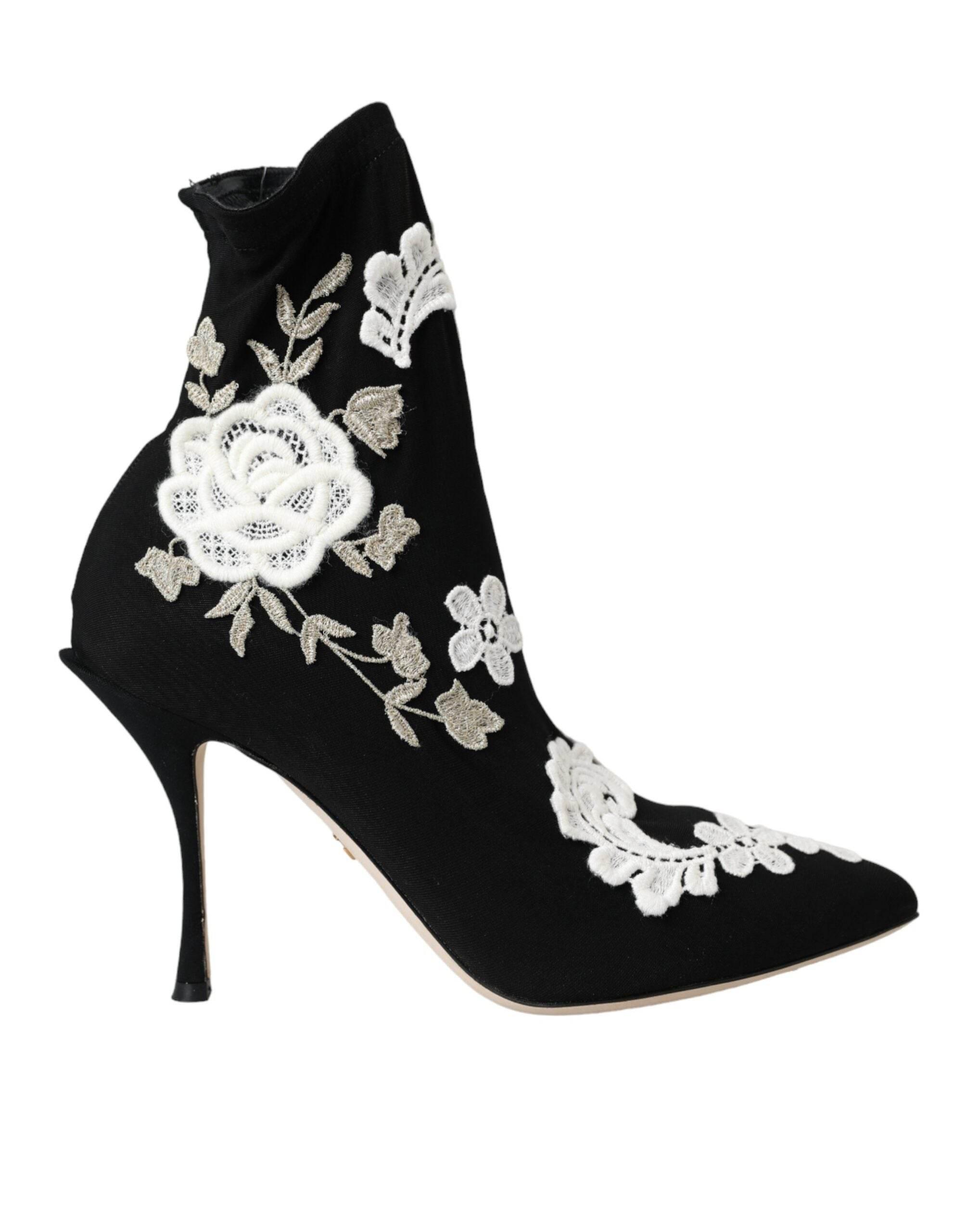 Dolce & Gabbana Black White Embroidery Slip On Boots Shoes - Hilstor