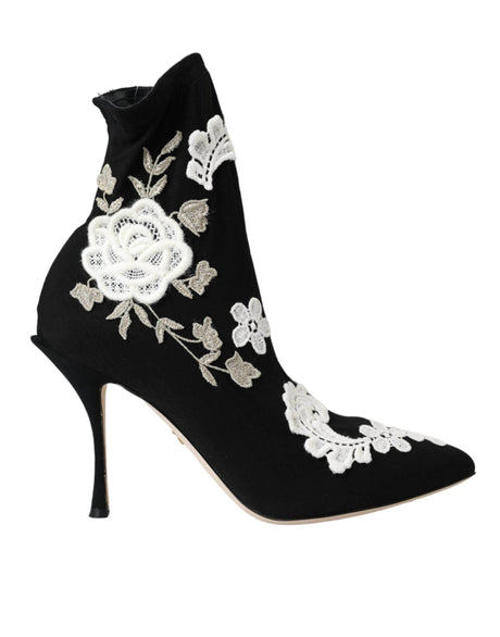 Dolce & Gabbana Black White Embroidery Slip On Boots Shoes - Hilstor