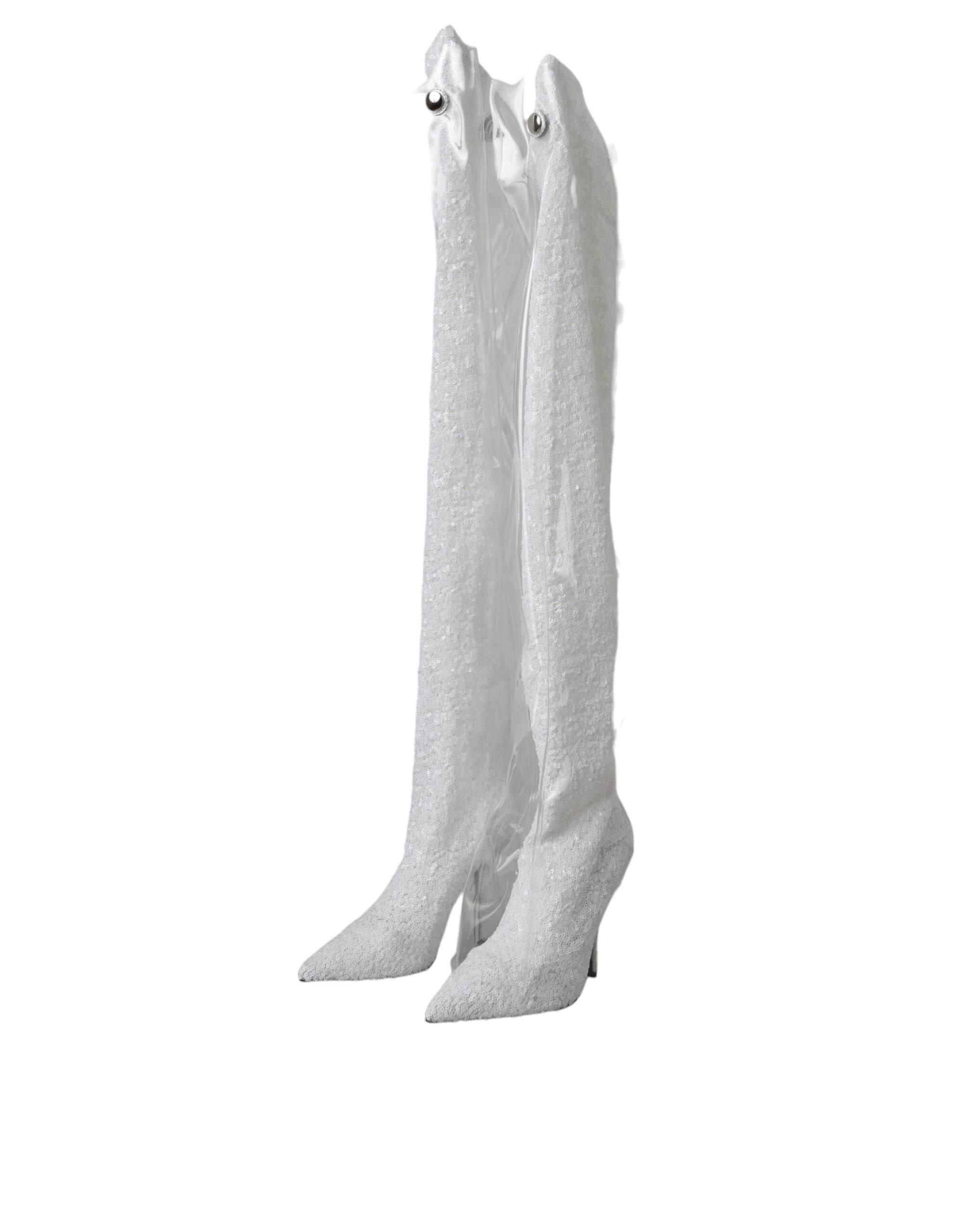 Dolce & Gabbana White Heels Stiletto Knee High Boots Shoes - Hilstor