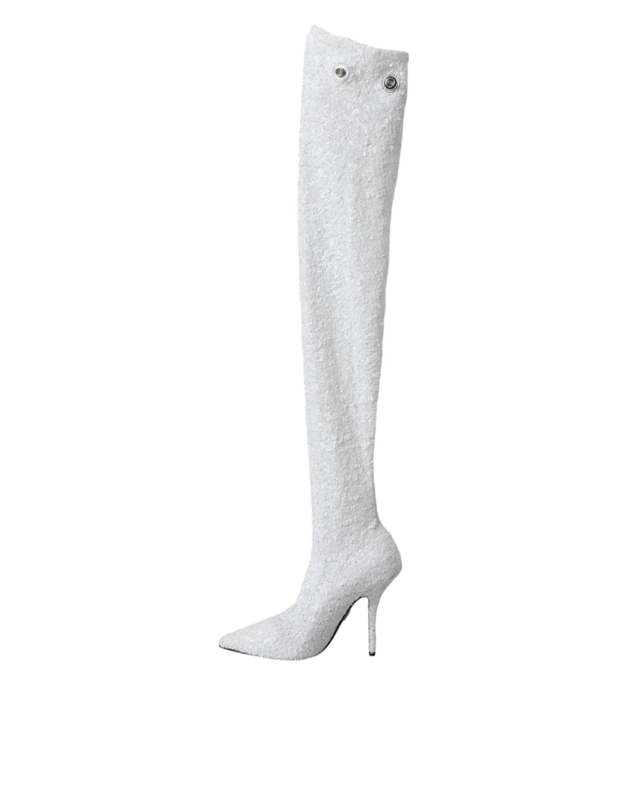 Dolce & Gabbana White Heels Stiletto Knee High Boots Shoes - Hilstor
