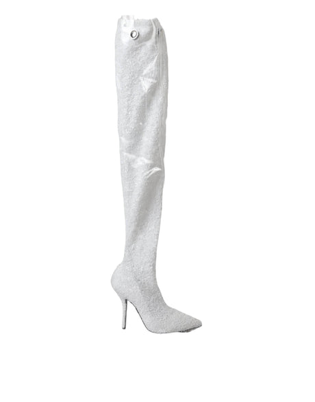 Dolce & Gabbana White Heels Stiletto Knee High Boots Shoes - Hilstor