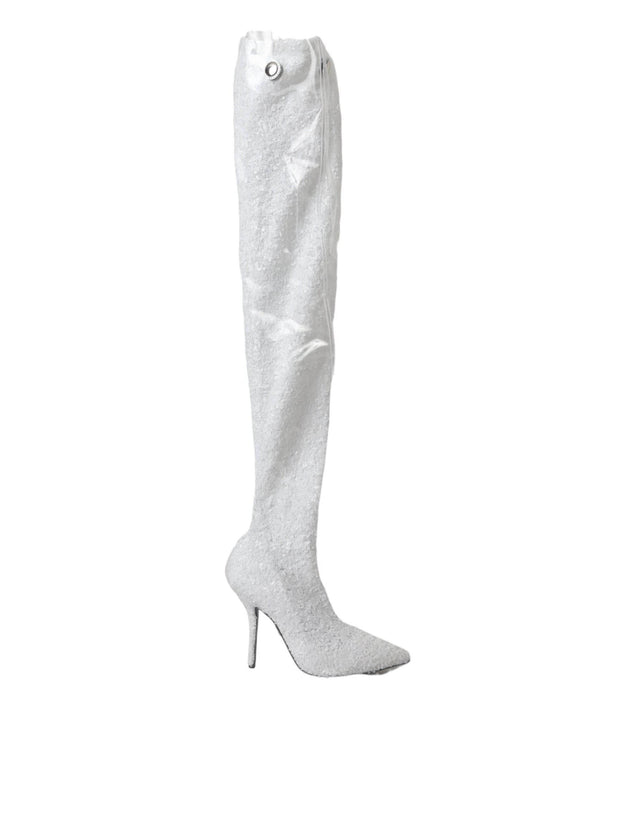 Dolce & Gabbana White Heels Stiletto Knee High Boots Shoes - Hilstor