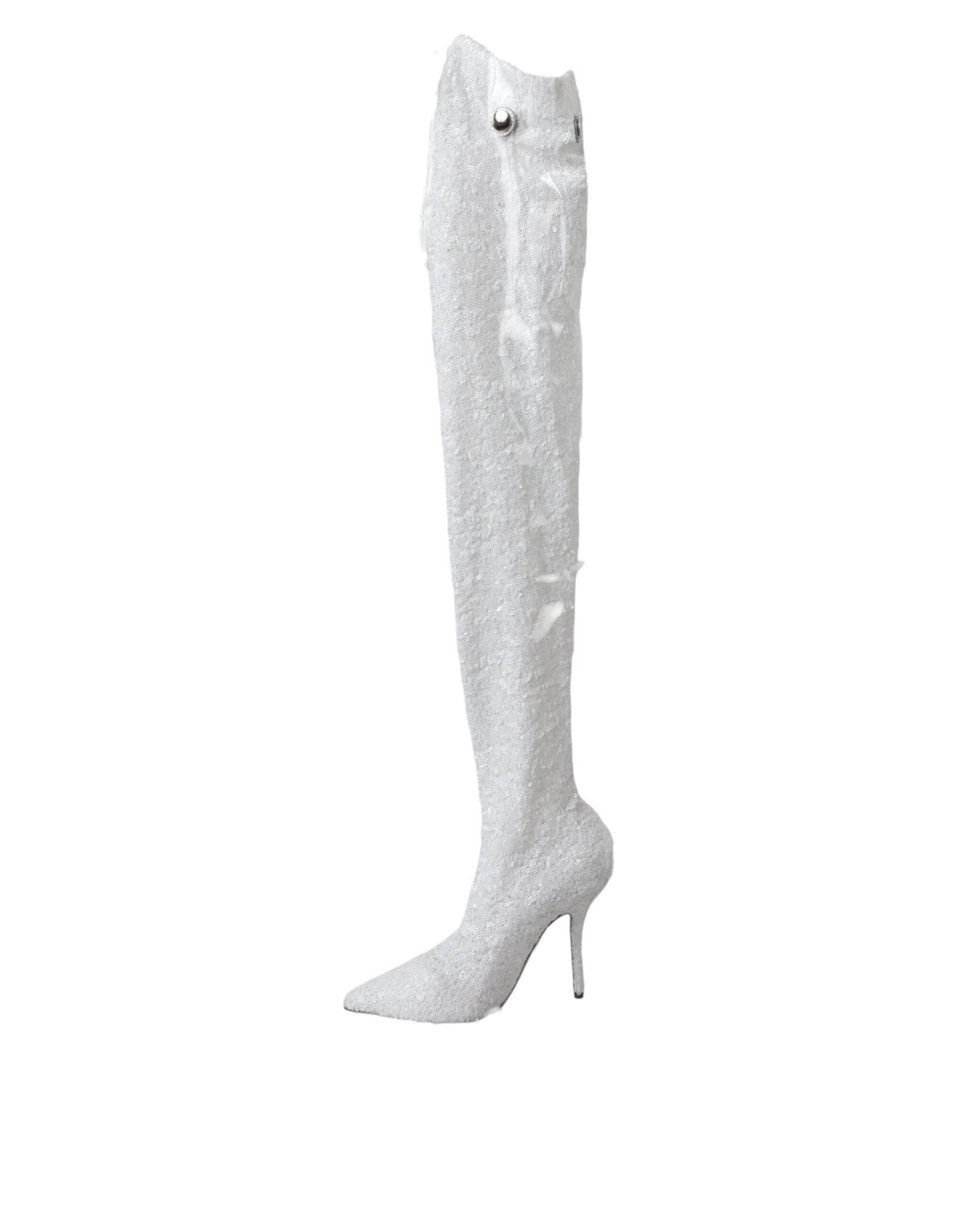 Dolce & Gabbana White Heels Stiletto Knee High Boots Shoes - Hilstor