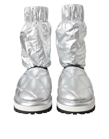 Dolce & Gabbana Metallic Silver Quilted Logo Patch Boot Shoes - Hilstor