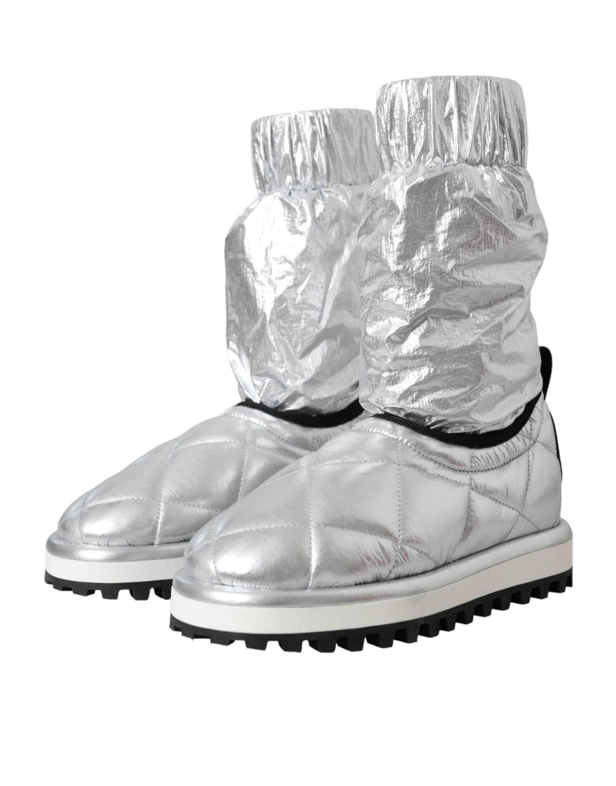 Dolce & Gabbana Metallic Silver Quilted Logo Patch Boot Shoes - Hilstor