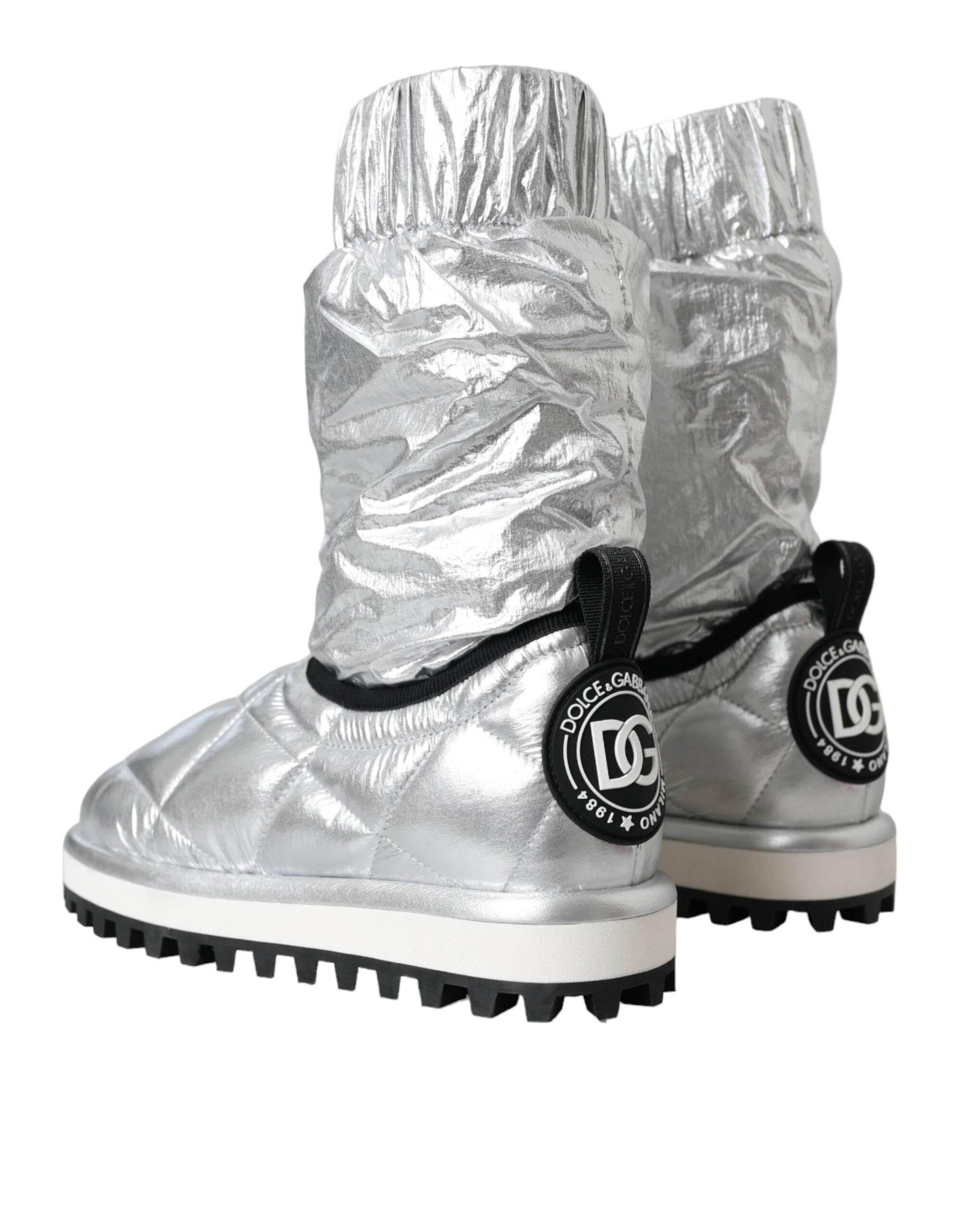 Dolce & Gabbana Metallic Silver Quilted Logo Patch Boot Shoes - Hilstor