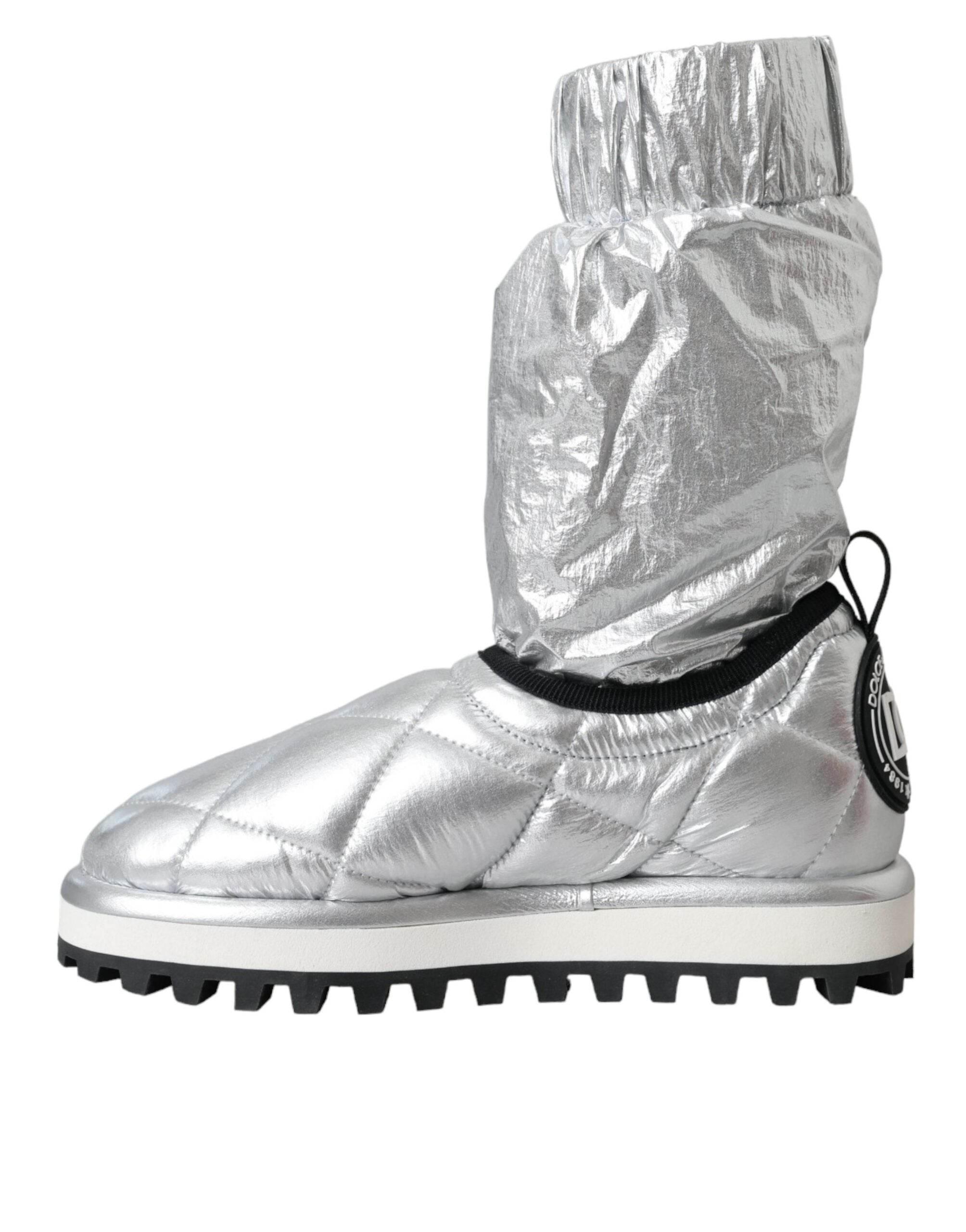 Dolce & Gabbana Metallic Silver Quilted Logo Patch Boot Shoes - Hilstor