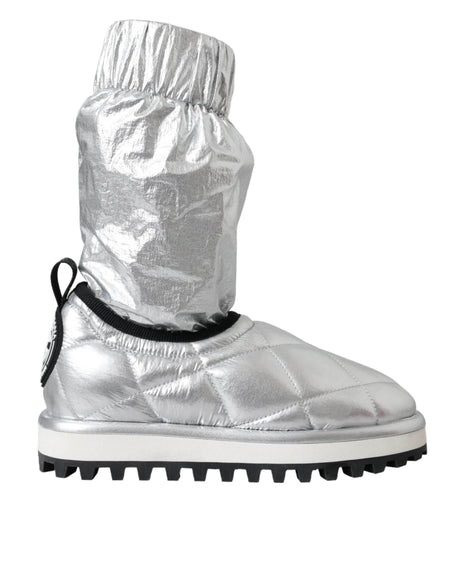 Dolce & Gabbana Metallic Silver Quilted Logo Patch Boot Shoes - Hilstor