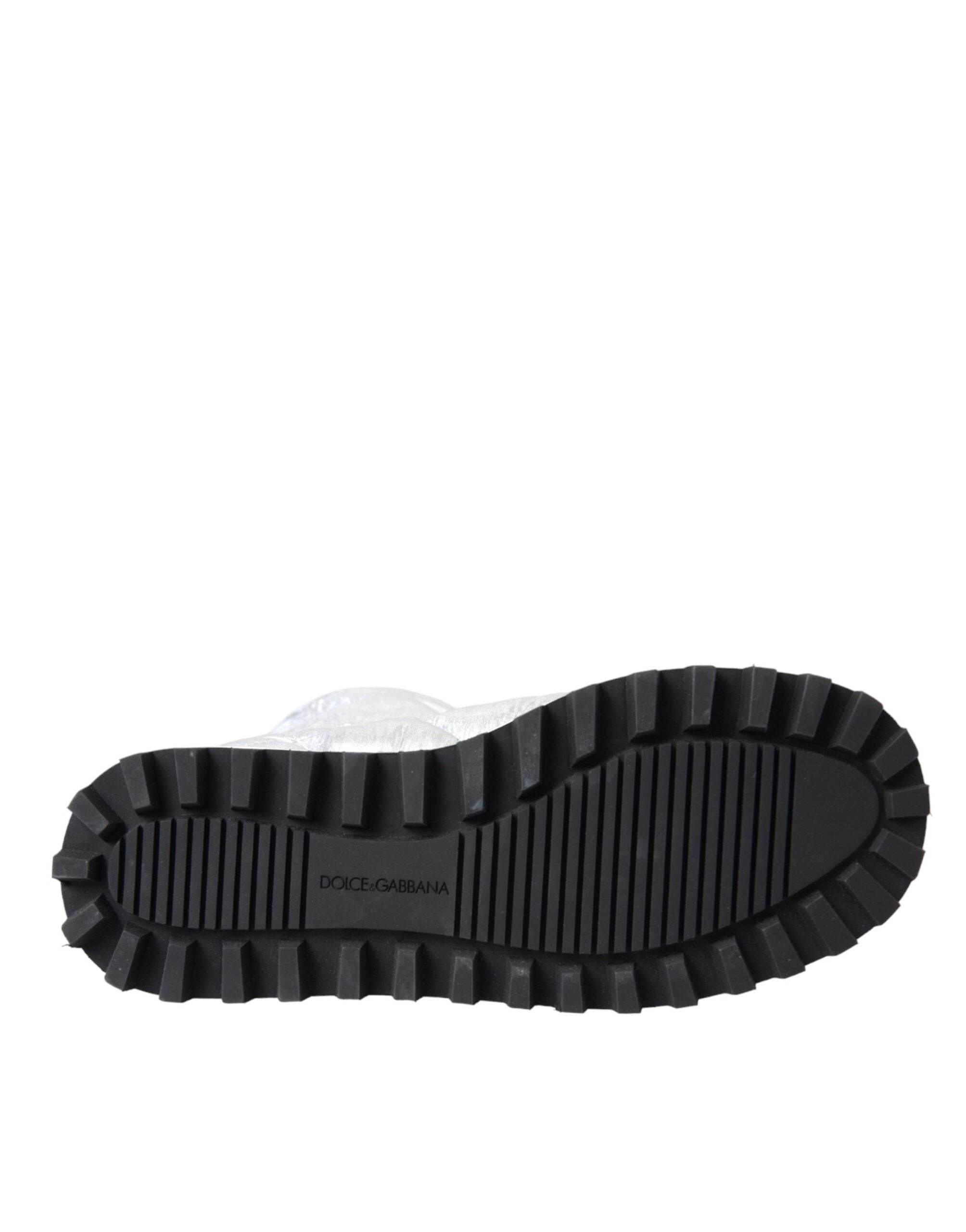 Dolce & Gabbana Metallic Silver Quilted Logo Patch Boot Shoes - Hilstor