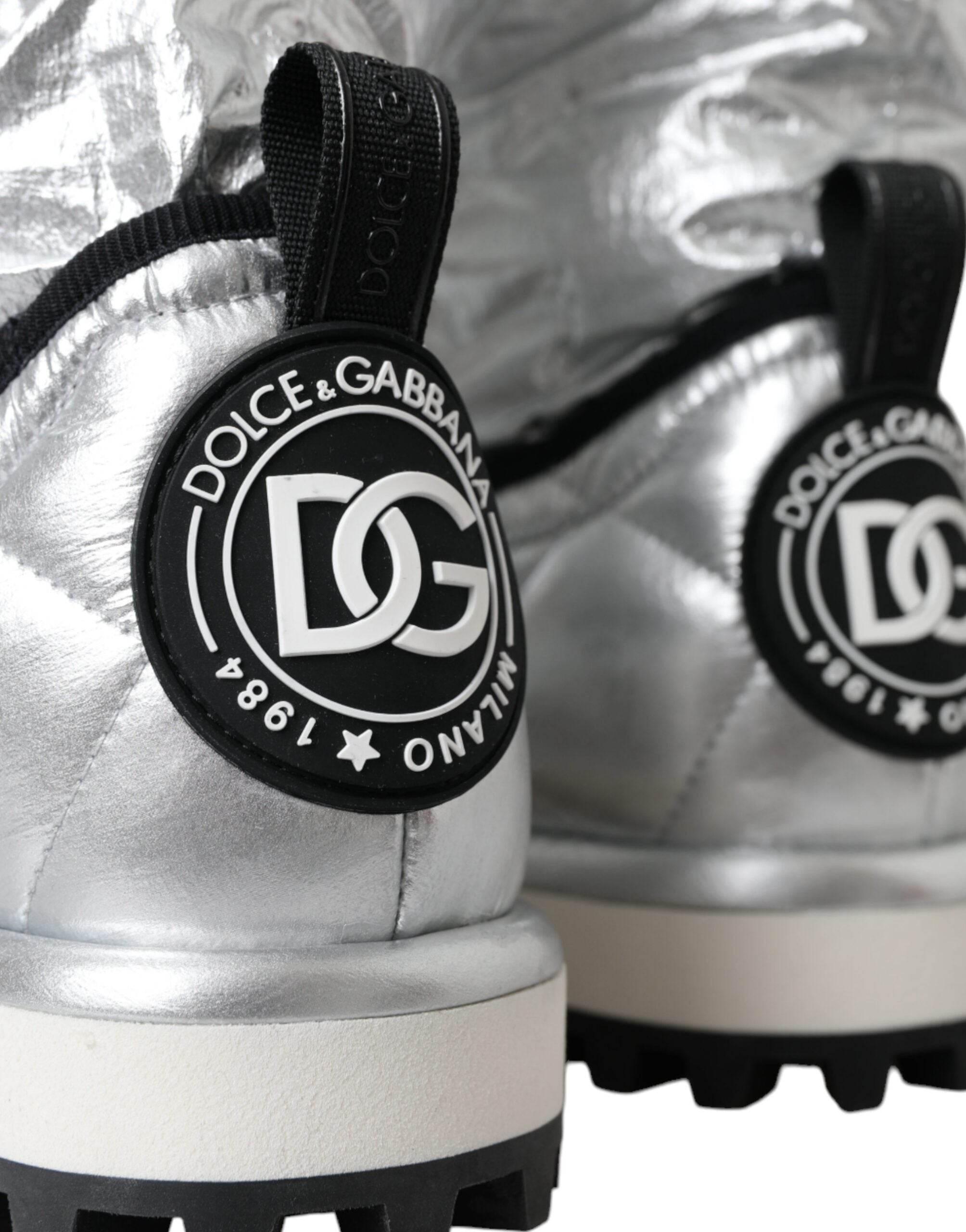 Dolce & Gabbana Metallic Silver Quilted Logo Patch Boot Shoes - Hilstor