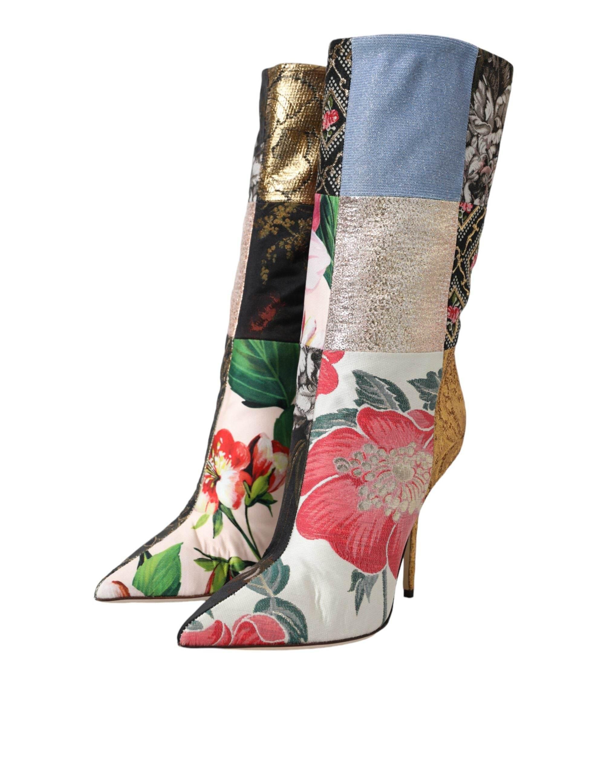 Dolce & Gabbana Multicolor Patchwork Print Heeled Boots Shoes - Hilstor