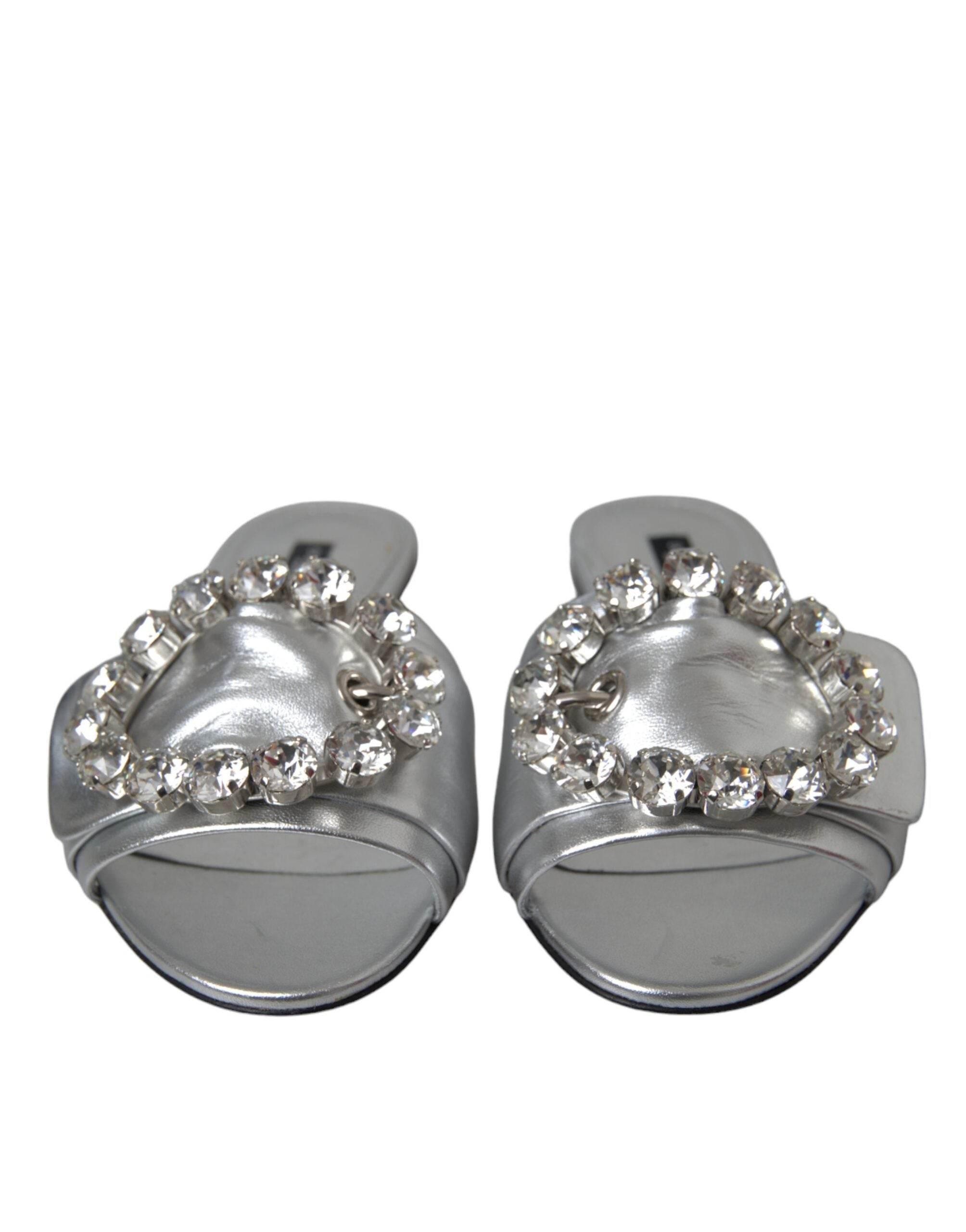 Dolce & Gabbana Silver Crystal Leather Flats Sandals Shoes - Hilstor