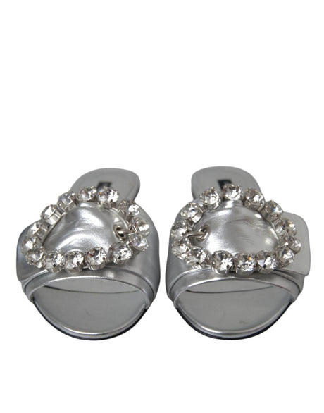 Dolce & Gabbana Silver Crystal Leather Flats Sandals Shoes - Hilstor