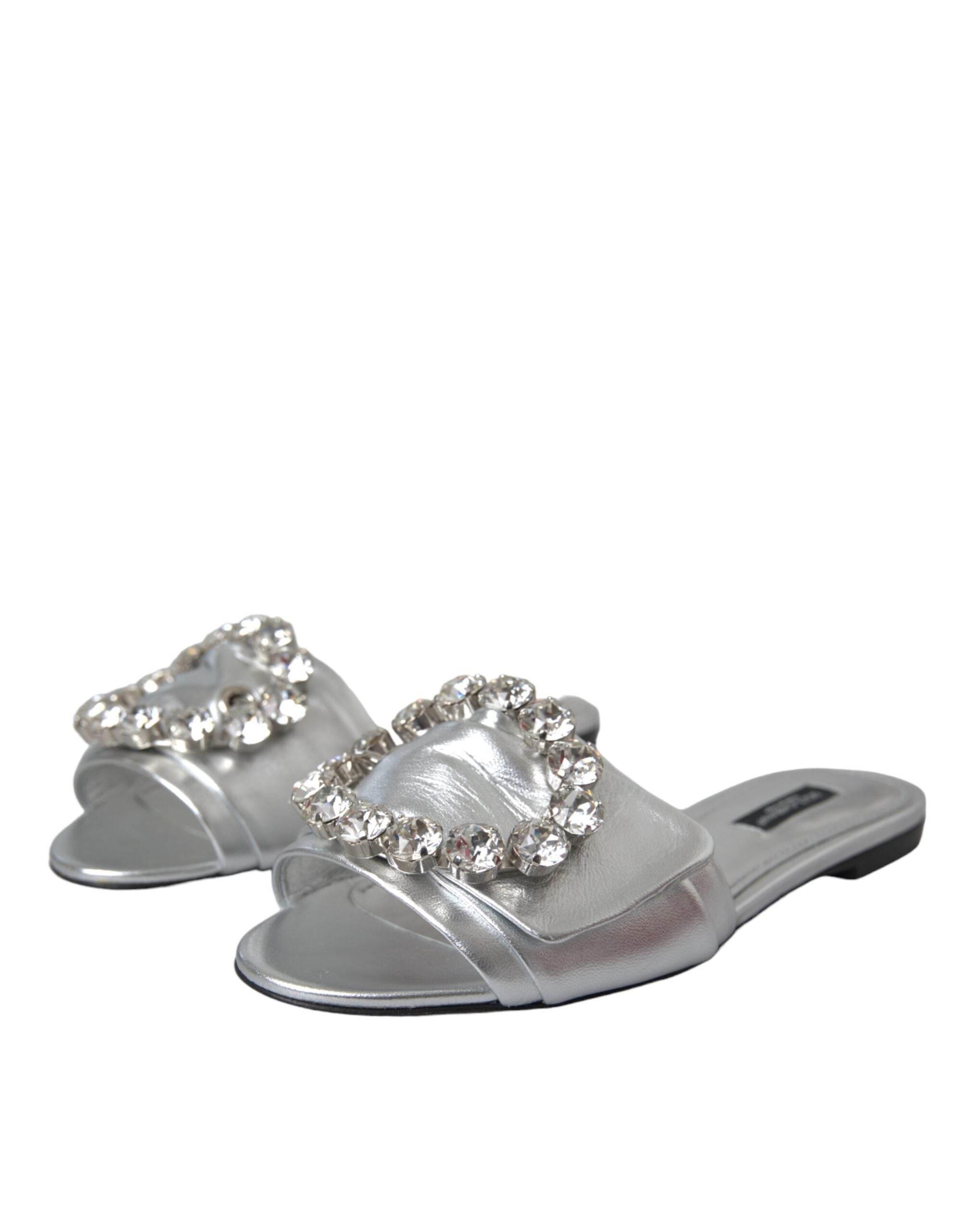 Dolce & Gabbana Silver Crystal Leather Flats Sandals Shoes - Hilstor