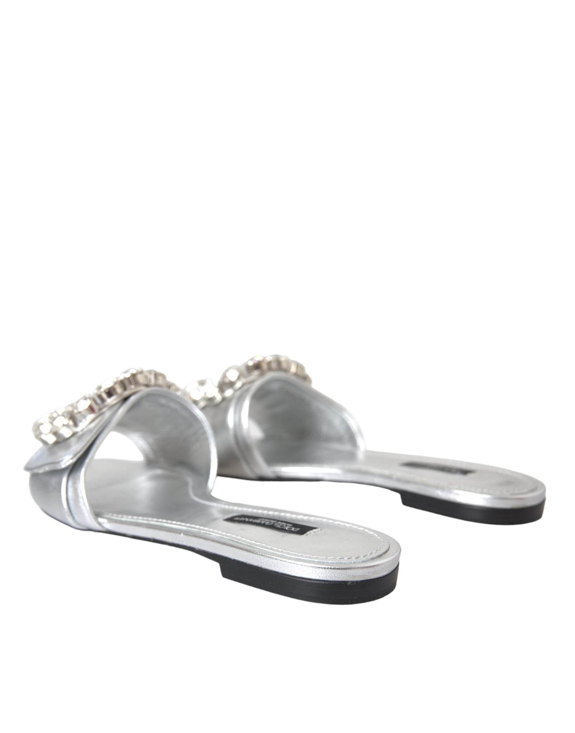 Dolce & Gabbana Silver Crystal Leather Flats Sandals Shoes - Hilstor