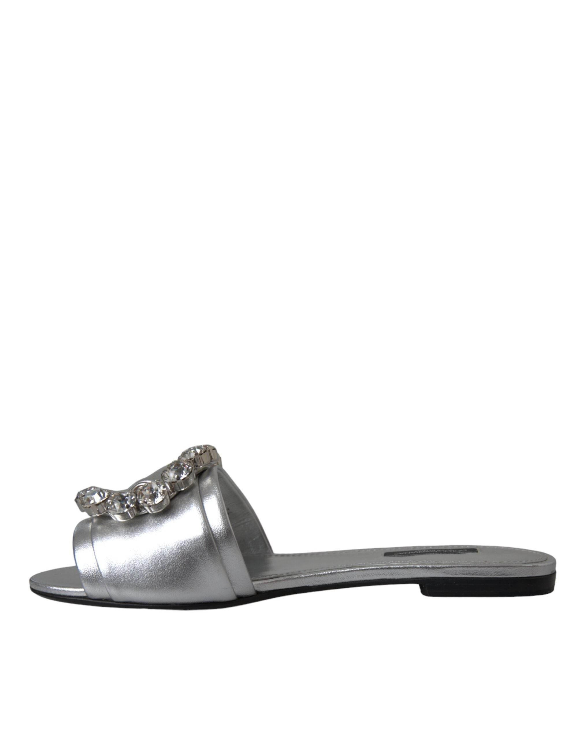 Dolce & Gabbana Silver Crystal Leather Flats Sandals Shoes - Hilstor