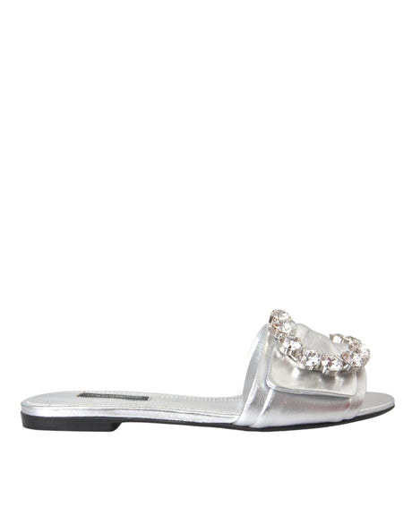 Dolce & Gabbana Silver Crystal Leather Flats Sandals Shoes - Hilstor