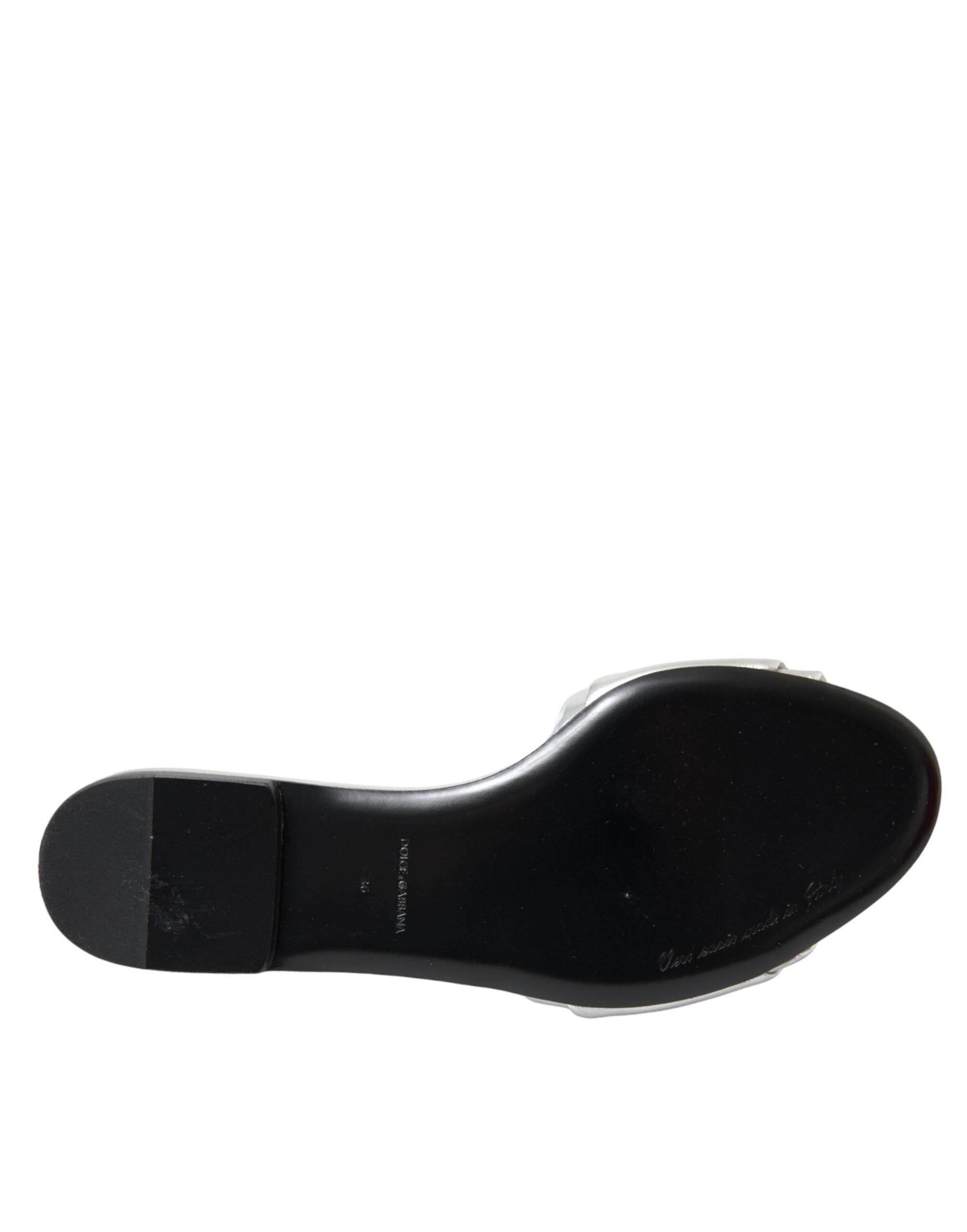 Dolce & Gabbana Silver Crystal Leather Flats Sandals Shoes - Hilstor