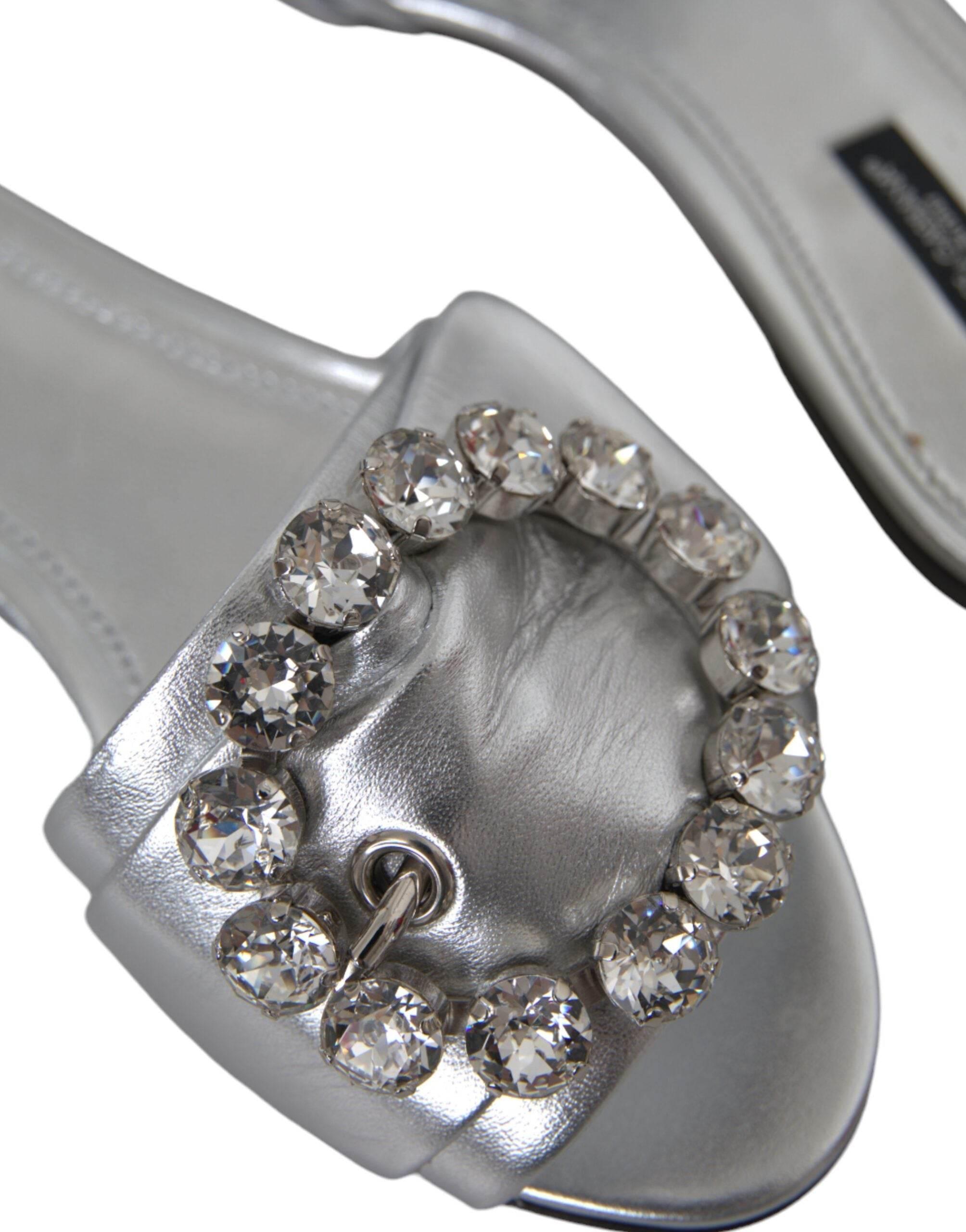 Dolce & Gabbana Silver Crystal Leather Flats Sandals Shoes - Hilstor
