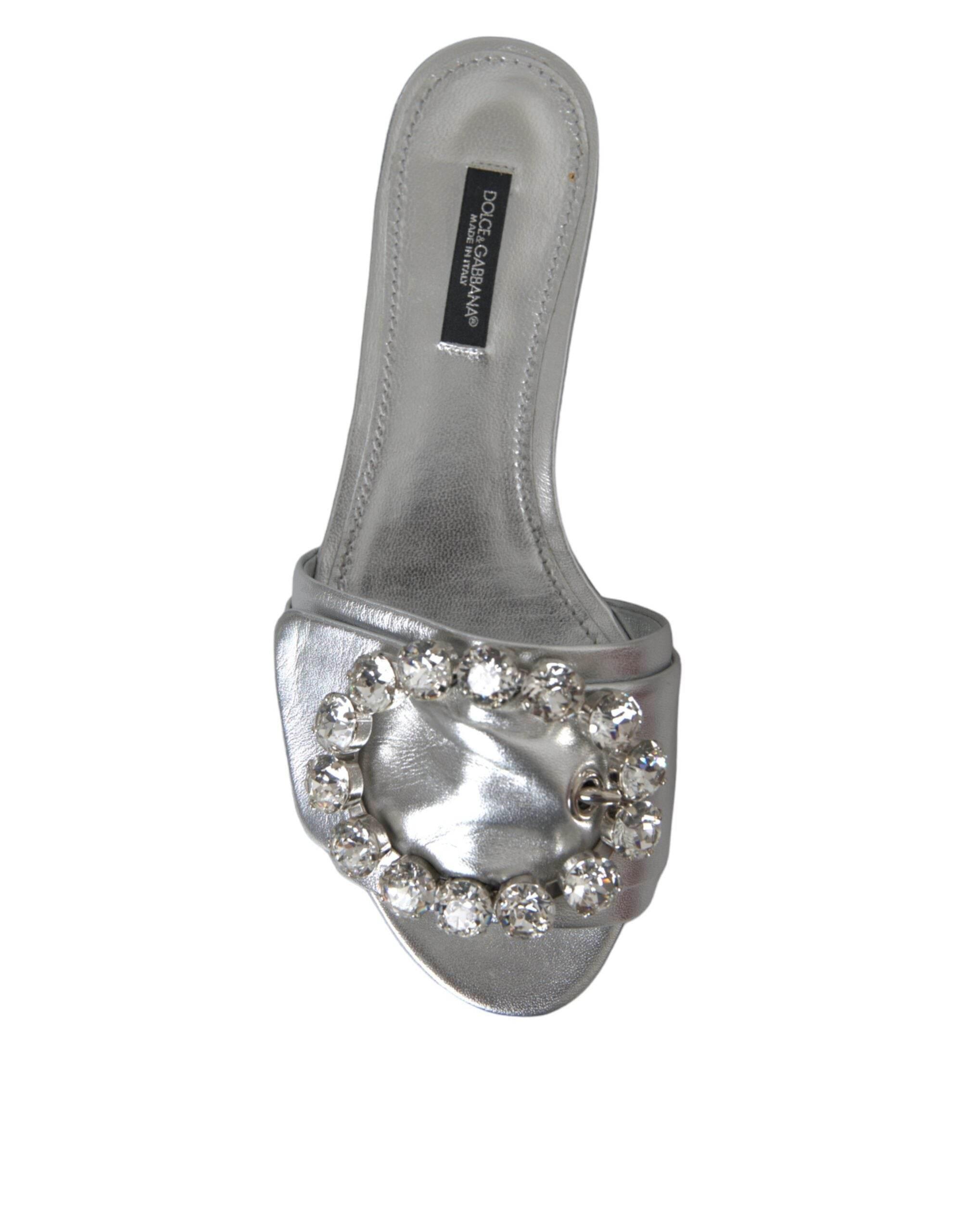 Dolce & Gabbana Silver Crystal Leather Flats Sandals Shoes - Hilstor