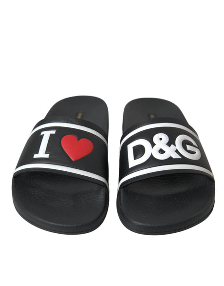 Dolce & Gabbana Black Leather I Love D&G Sandals Slides Shoes - Hilstor