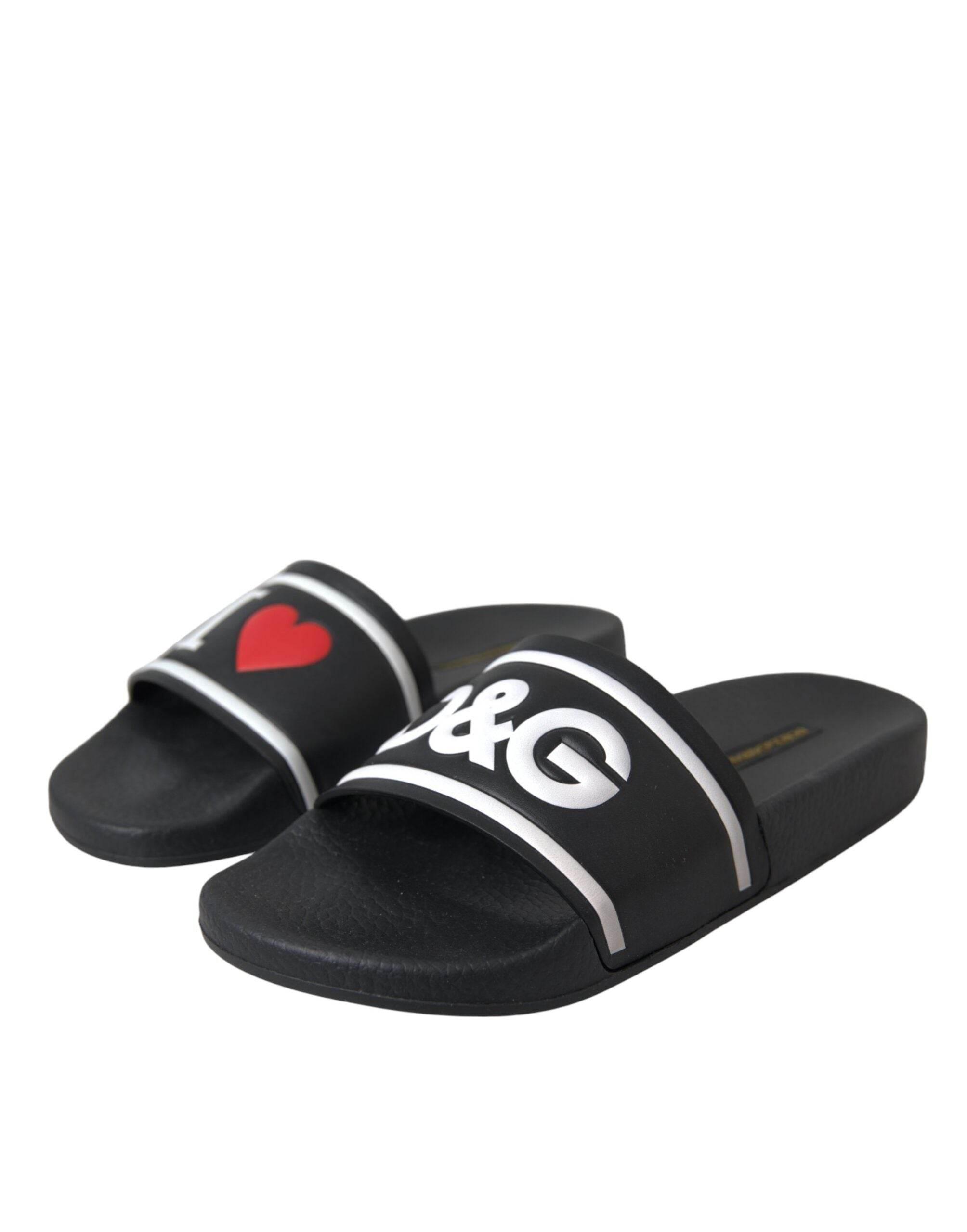 Dolce & Gabbana Black Leather I Love D&G Sandals Slides Shoes - Hilstor