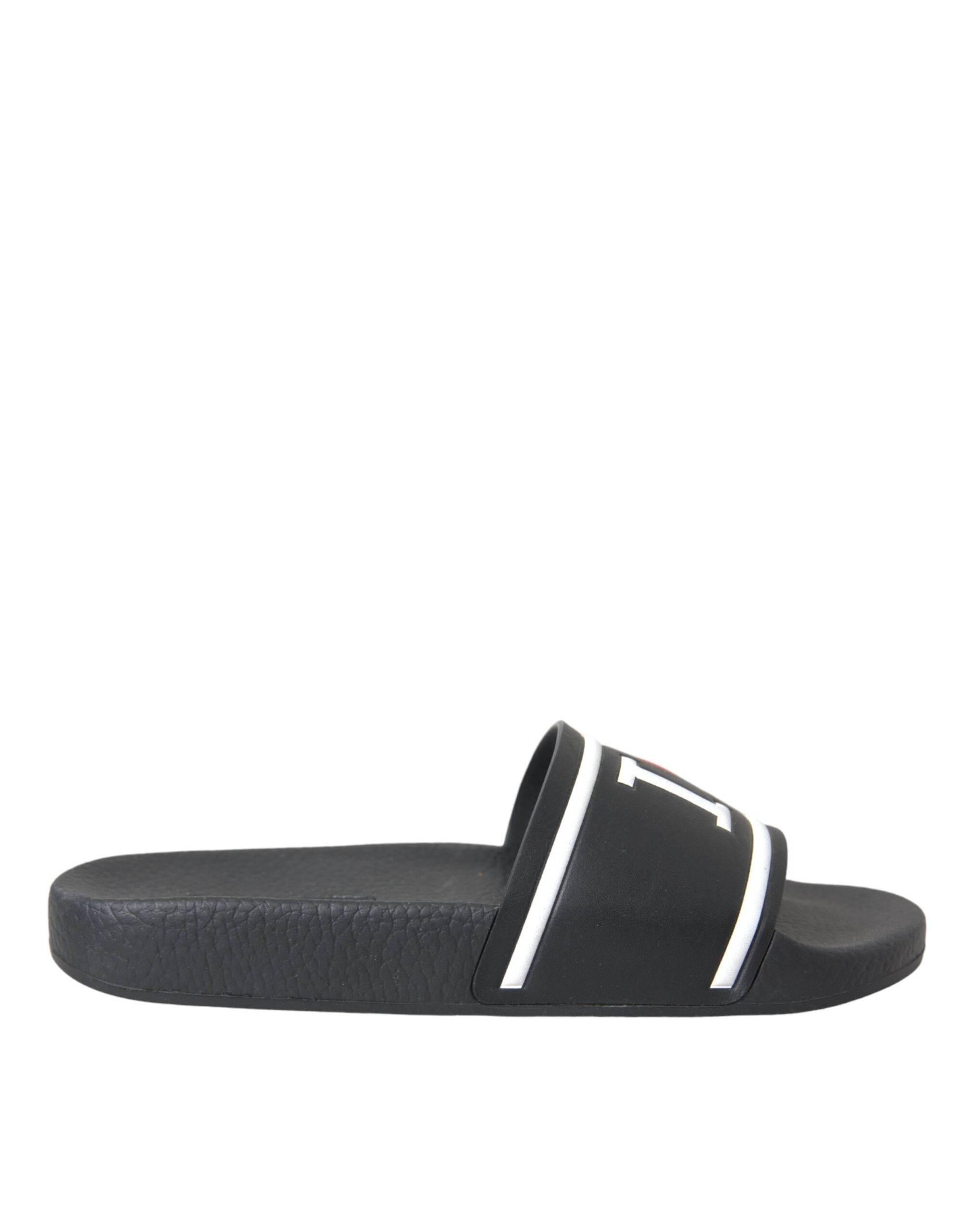 Dolce & Gabbana Black Leather I Love D&G Sandals Slides Shoes - Hilstor