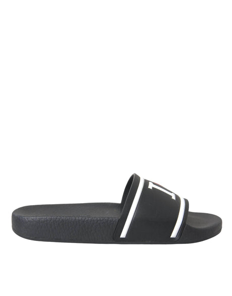 Dolce & Gabbana Black Leather I Love D&G Sandals Slides Shoes - Hilstor